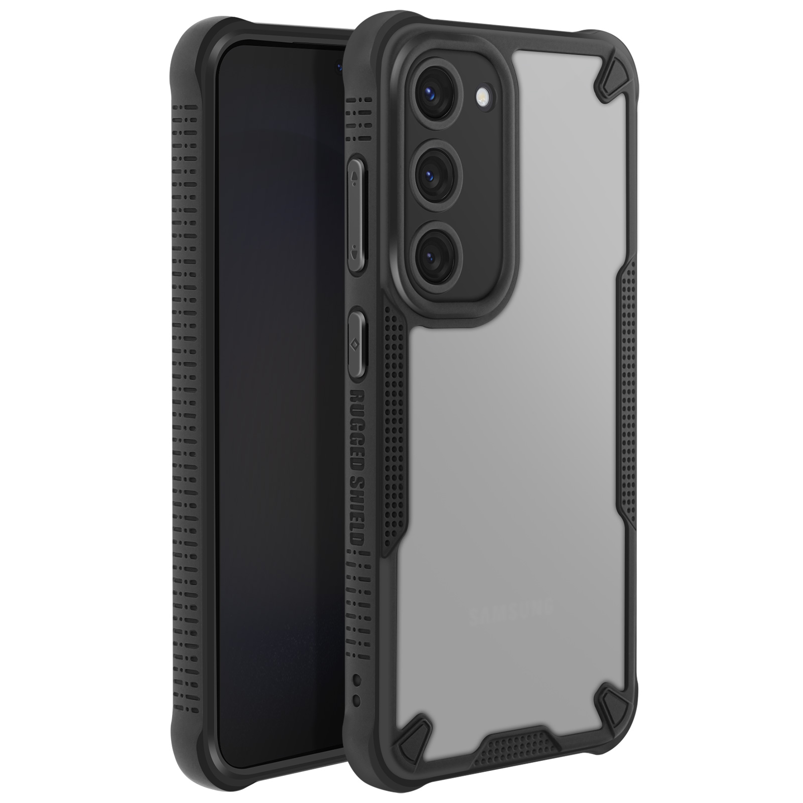 Una custodia per telefono nera e grigia su sfondo bianco. Ha uno schermo e un design robusto.