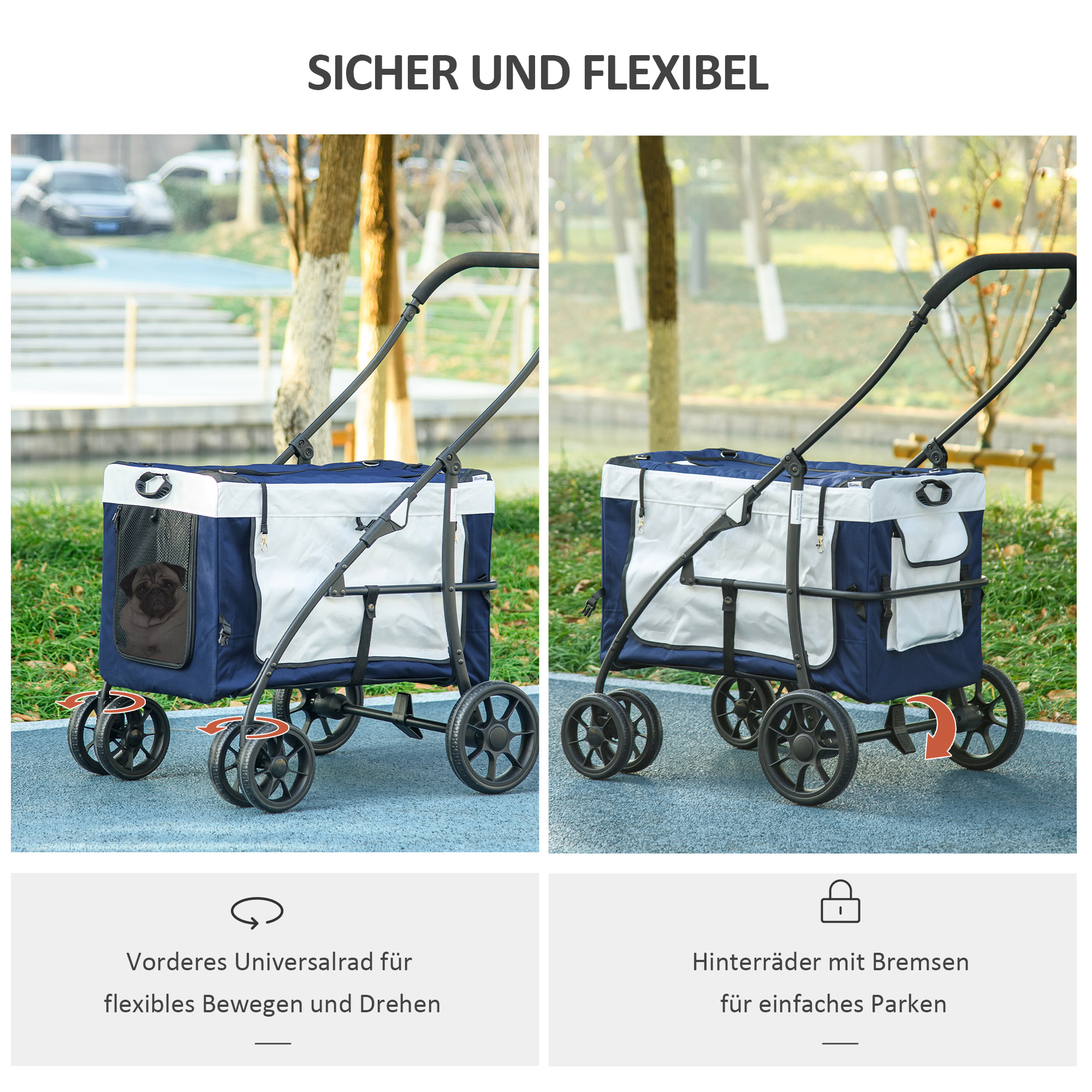 Zwei Bilder eines Tierkinderwagens. Eines mit einem Mops, das andere mit einem Hund und Bremsdetails.