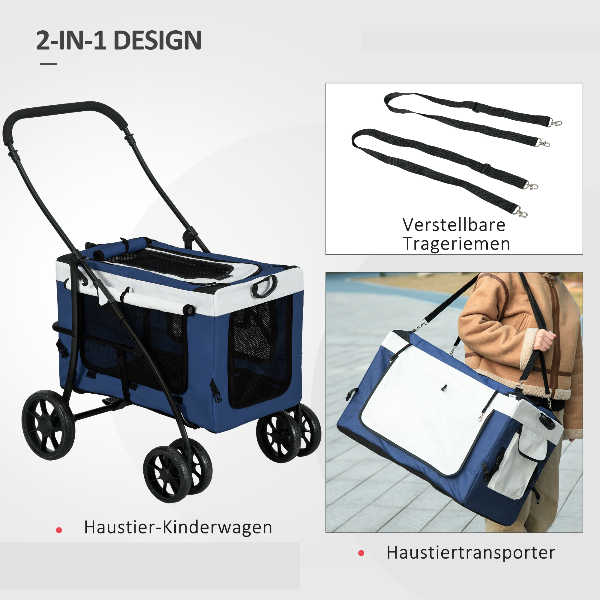 Blau-weißer Haustier-Kinderwagen, umwandelbar in eine Tragetasche, mit Text.