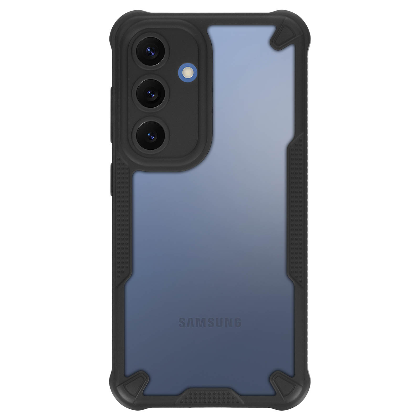 Un telefono con custodia nera, retro trasparente e tripla fotocamera. Il retro è blu.