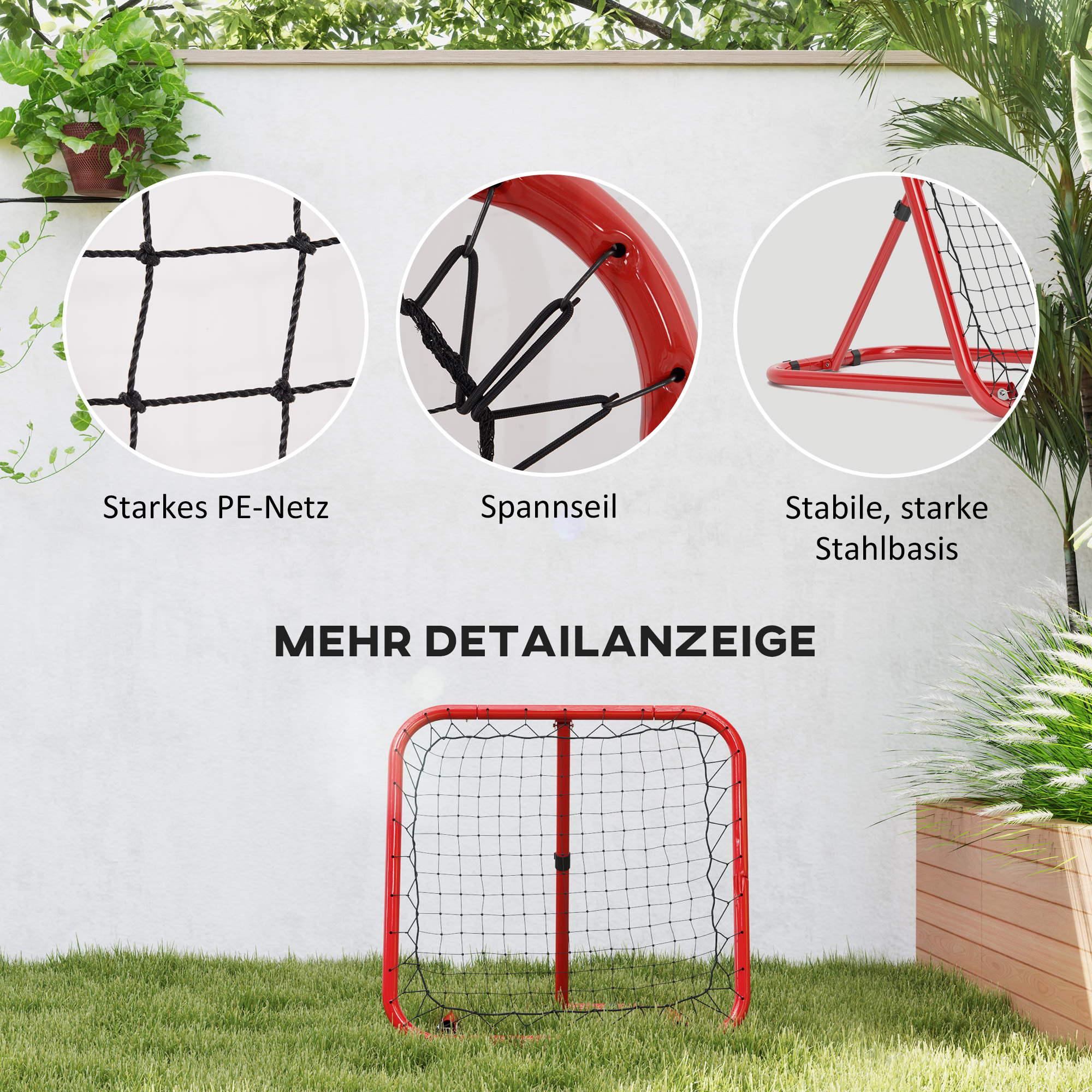 Details des Rebounder-Netzes. Starkes PE-Netz, Spannseil und stabile Stahlbasis werden gezeigt.