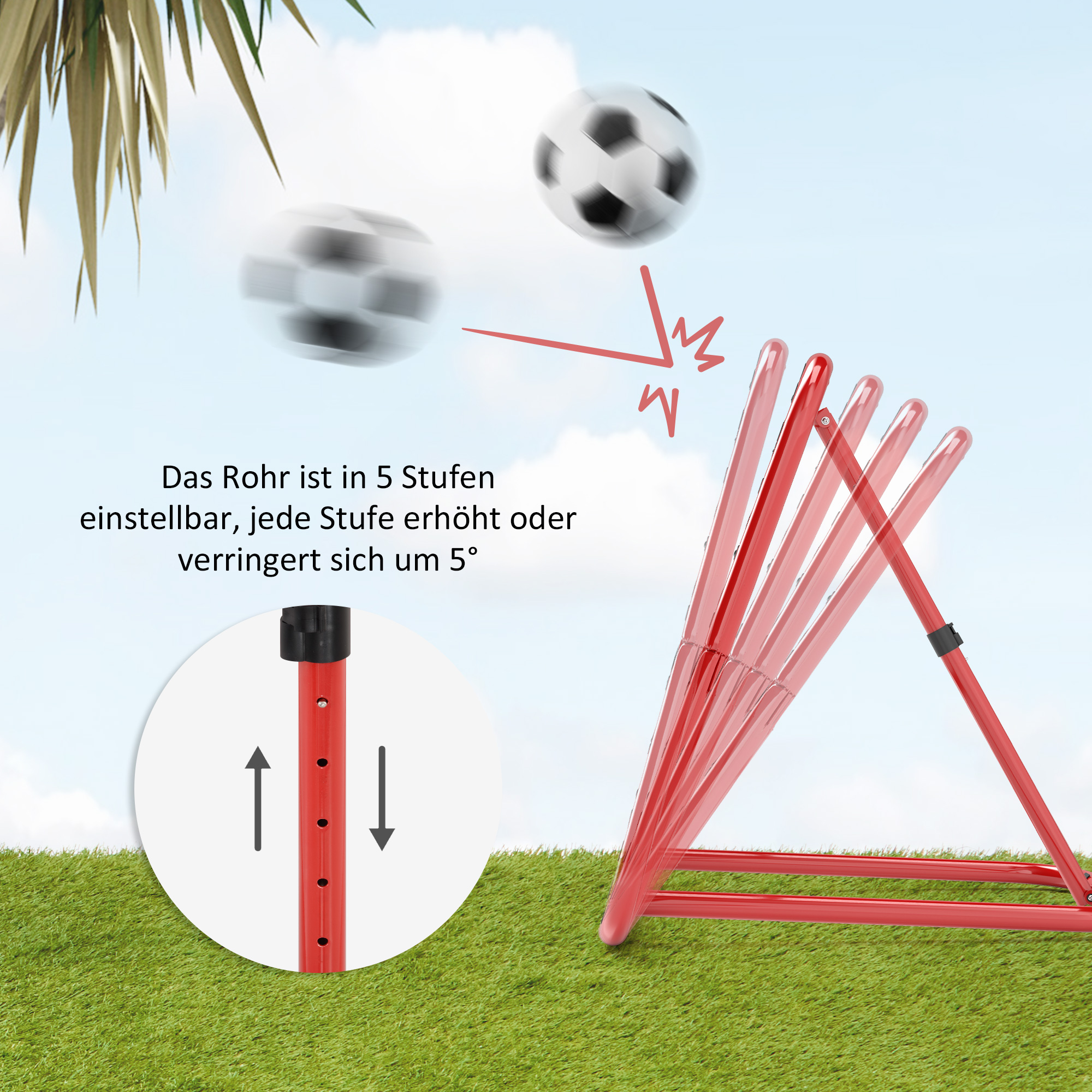 Ein rotes Sportnetz mit zwei Fußbällen, die veranschaulichen, wie es eingestellt werden kann. Text auf Deutsch.
