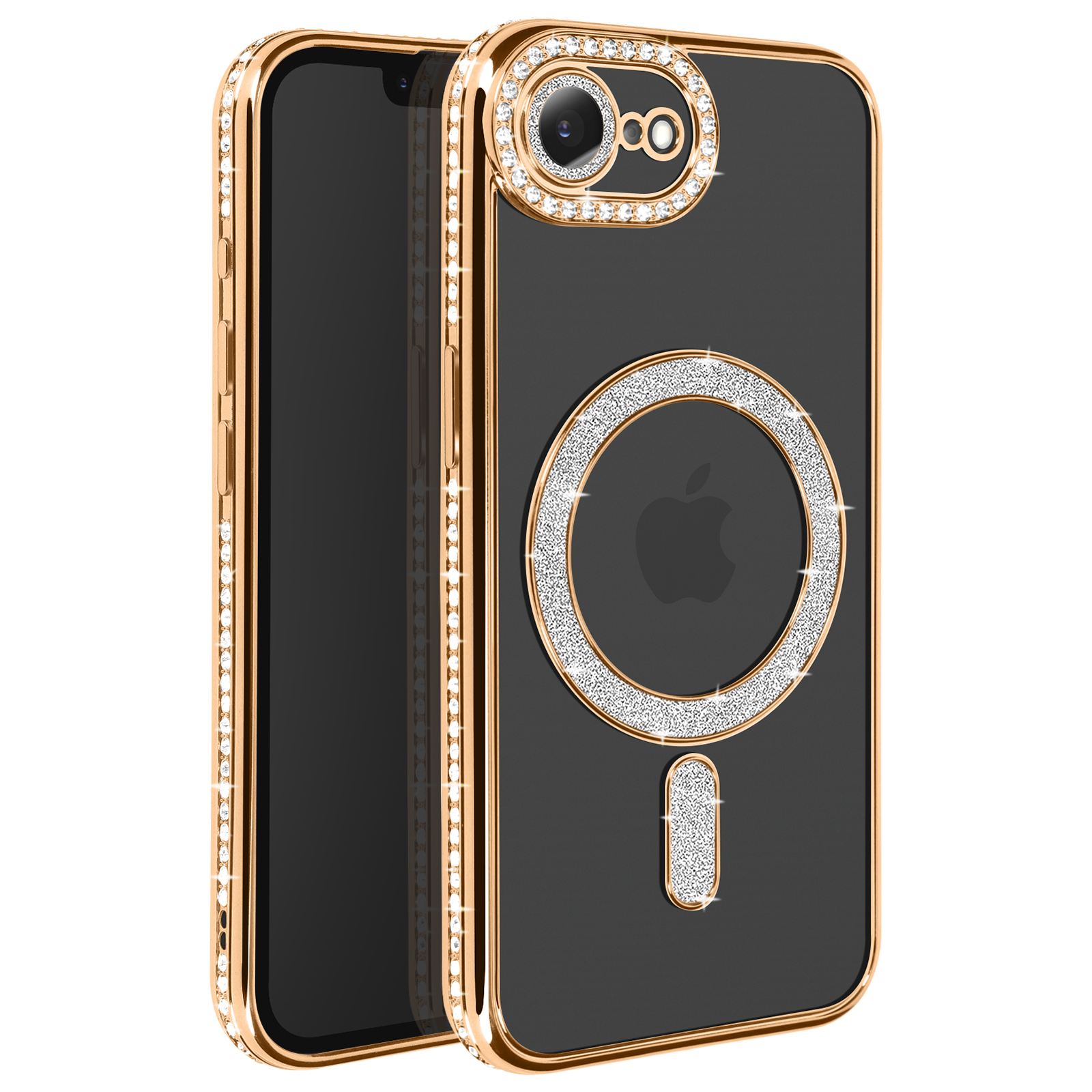 Een telefoon met een gouden hoesje en een zwarte achterkant. De hoes heeft glinsterende versieringen.