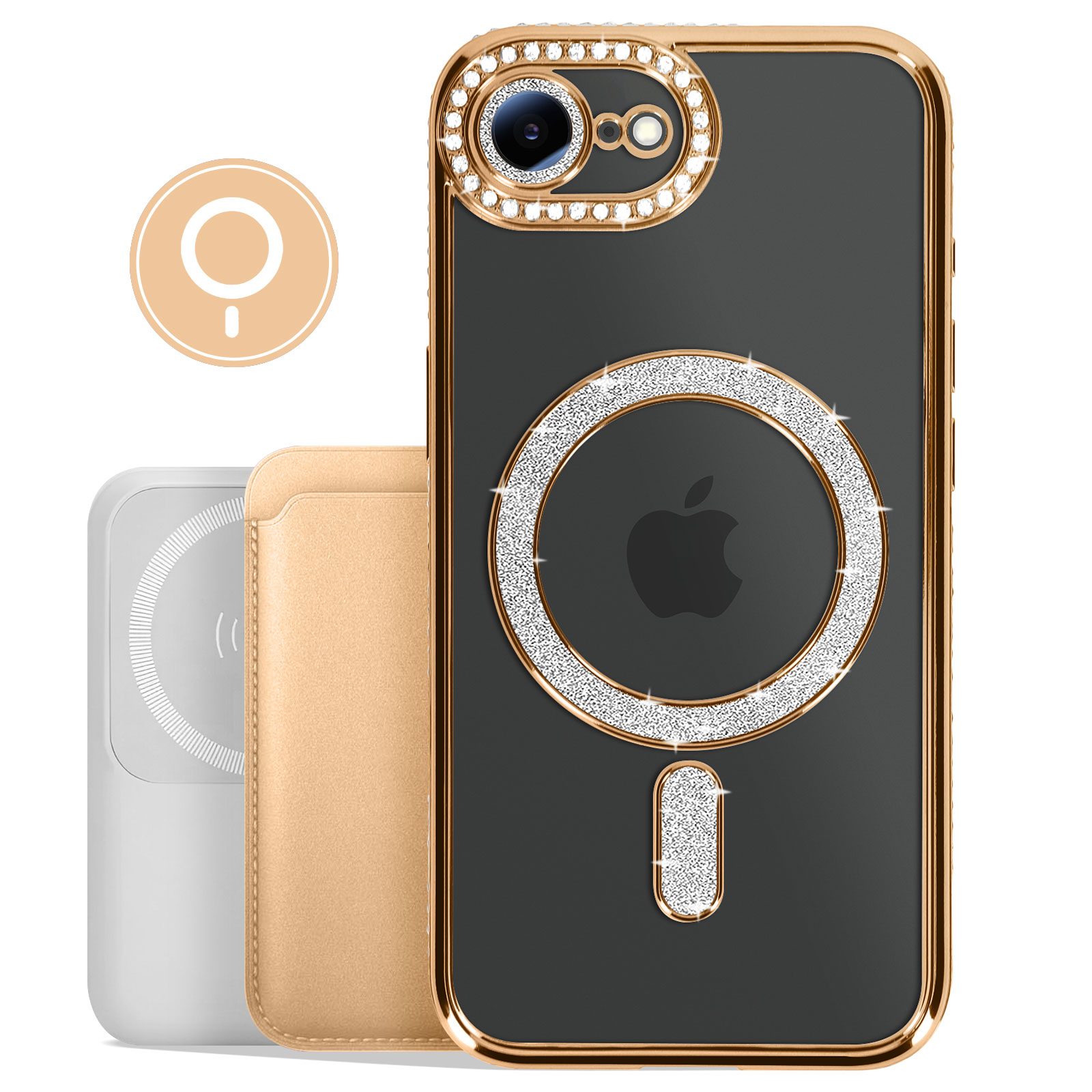 Gouden telefoonhoes met strass-steentjes en een doorzichtige achterkant. De telefoon heeft een gouden ring rond de camera.