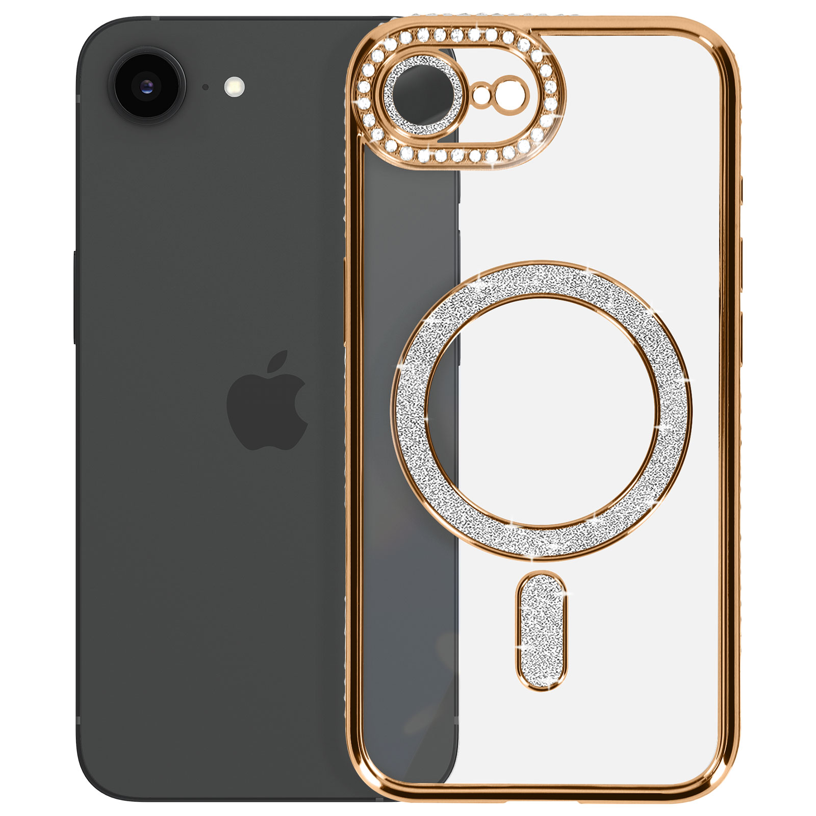 Gouden telefoonhoes met strass-steentjes en een doorzichtige achterkant. De telefoon heeft een gouden ring rond de camera.
