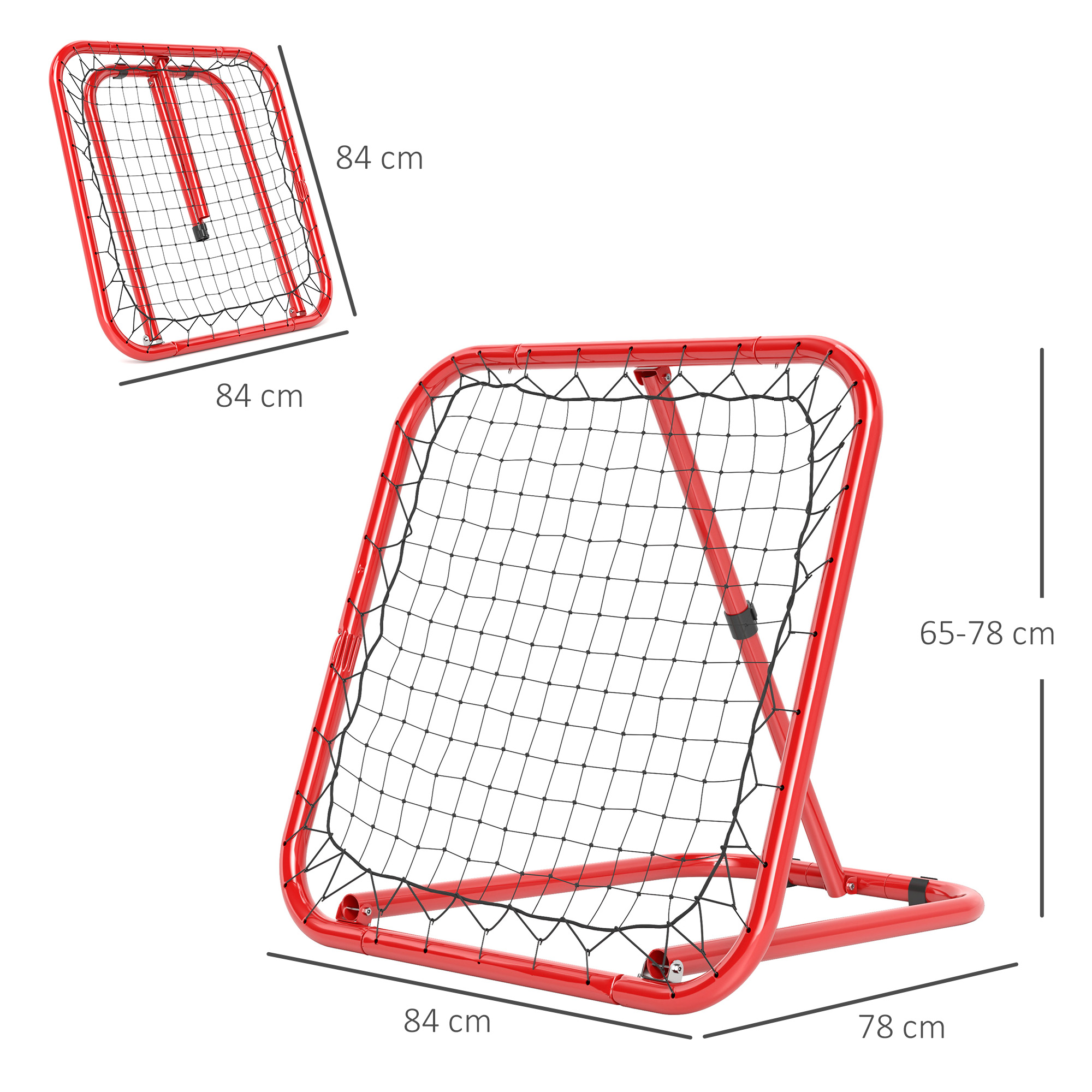 Rotes Rebounder-Netz mit Abmessungen. Schwarzes Netz und roter Rahmen. Abmessungen sind angegeben. Eines ist abgewinkelt.