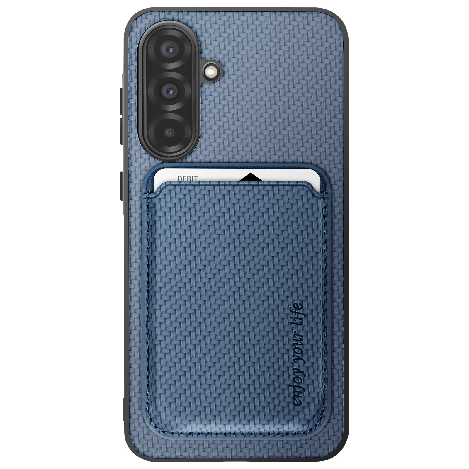 Coque de téléphone bleue avec texture tissée, fente pour carte et l'inscription 'enjoy your life'.
