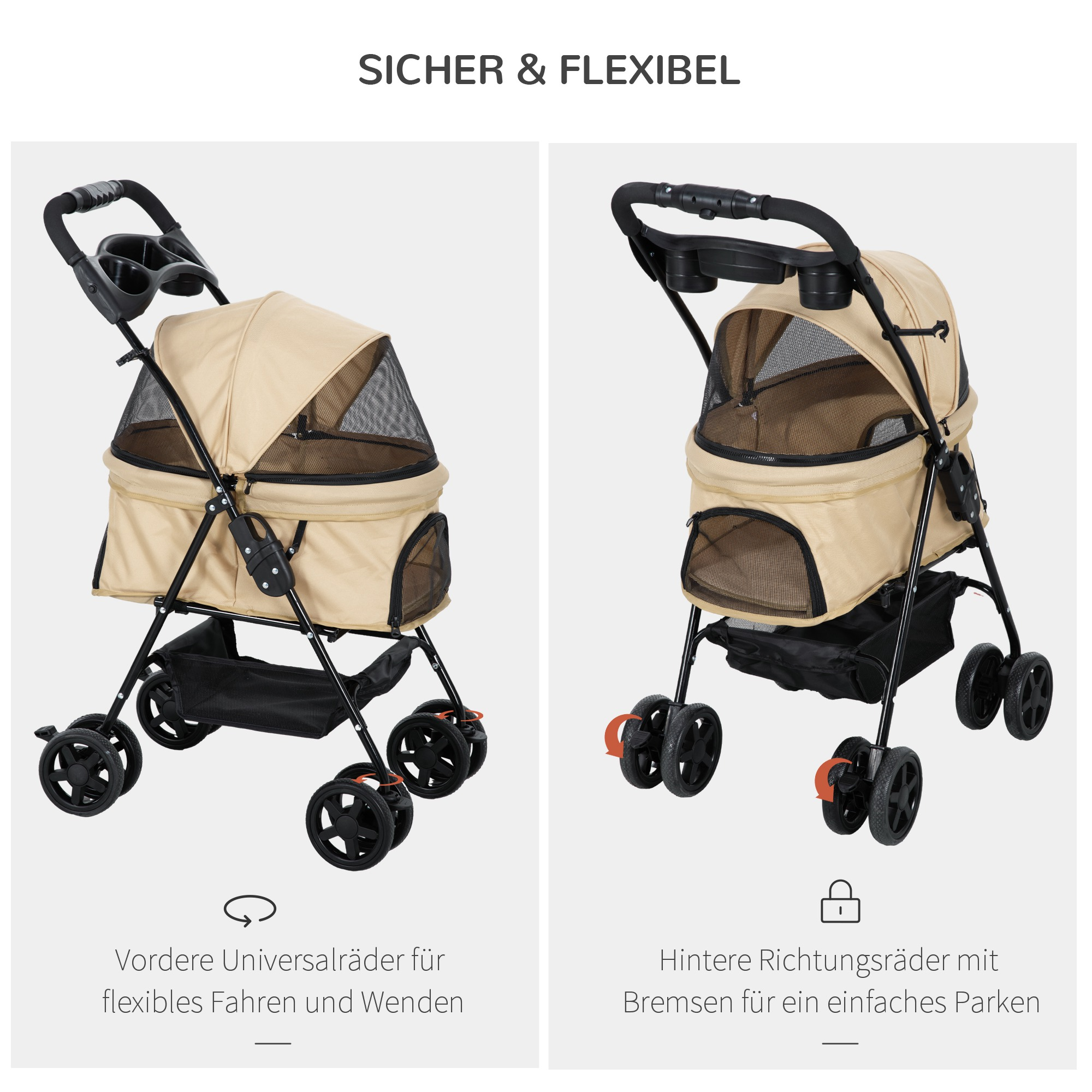 Zwei beige Haustierwagen mit schwarzen Rahmen. Einer zeigt Vorderräder, der andere Hinterräder.