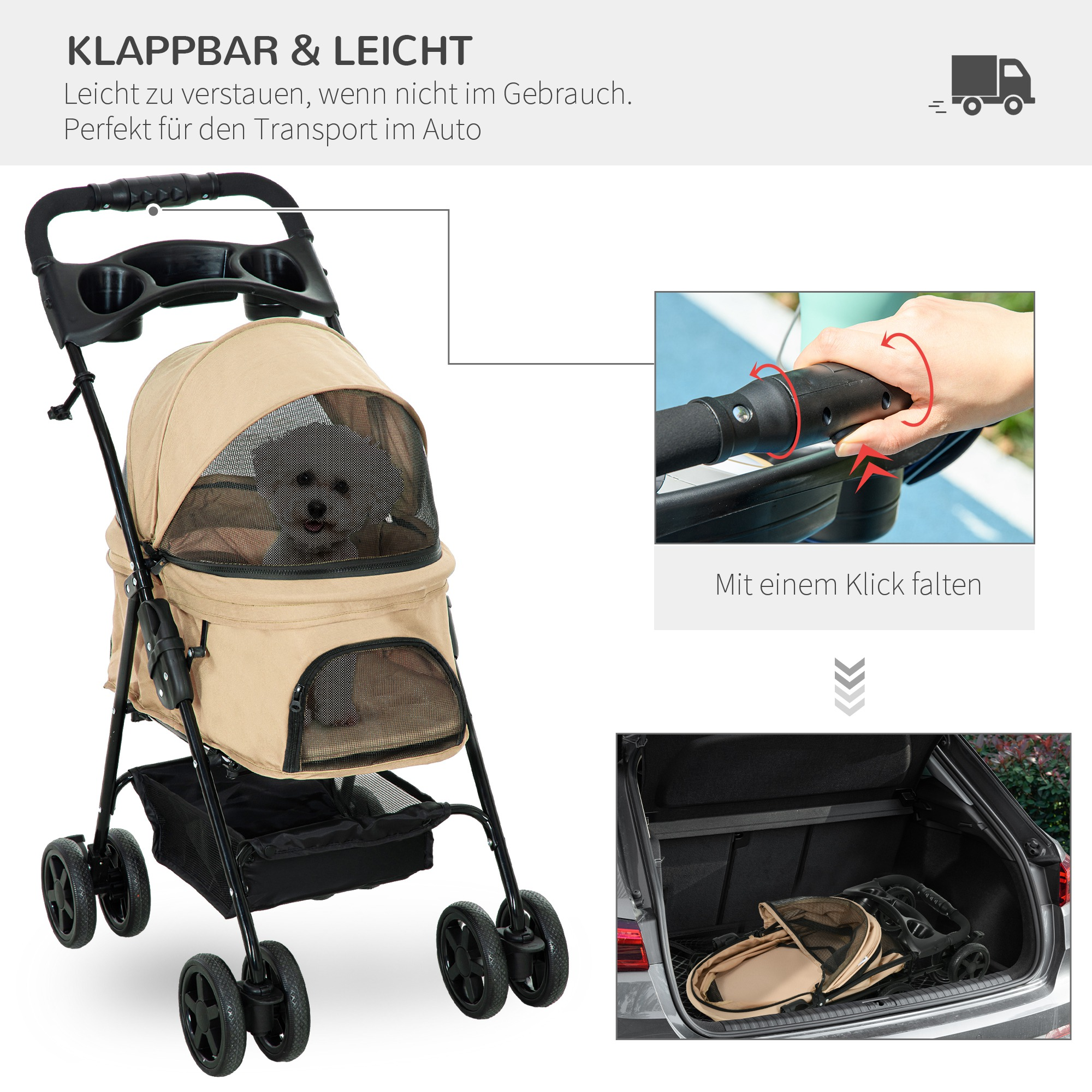 Ein Hund in einem beigen Haustierkinderwagen mit schwarzem Rahmen. Text und Bilder zum Zusammenklappen.