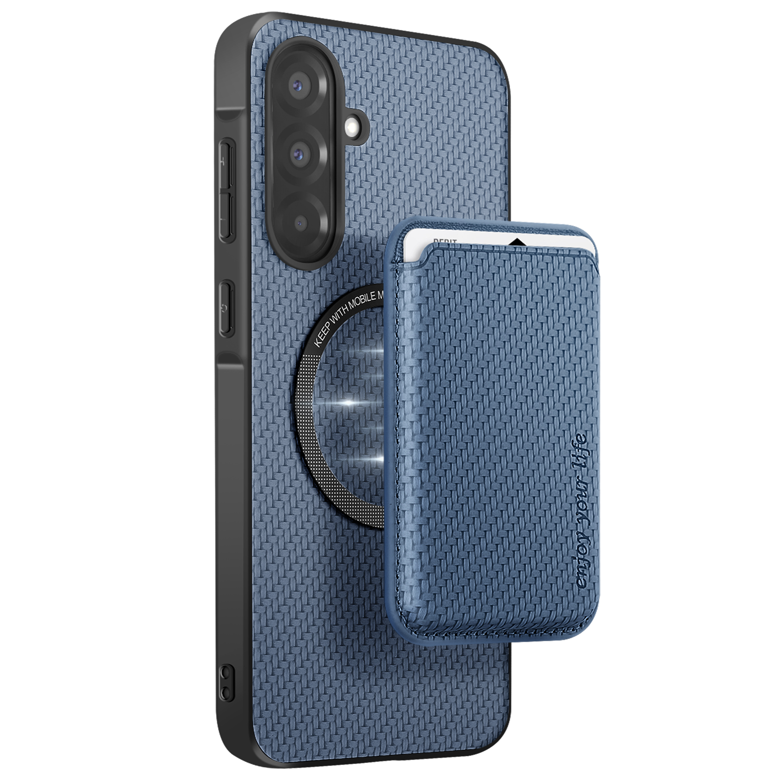 Coque de téléphone bleue avec porte-cartes et texture tissée, fixée au téléphone avec un anneau.