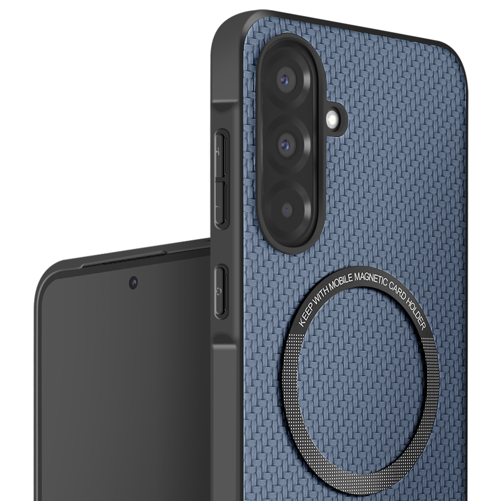 Gros plan d'une coque de téléphone bleue avec texture tissée, objectifs d'appareil photo et porte-cartes magnétique.