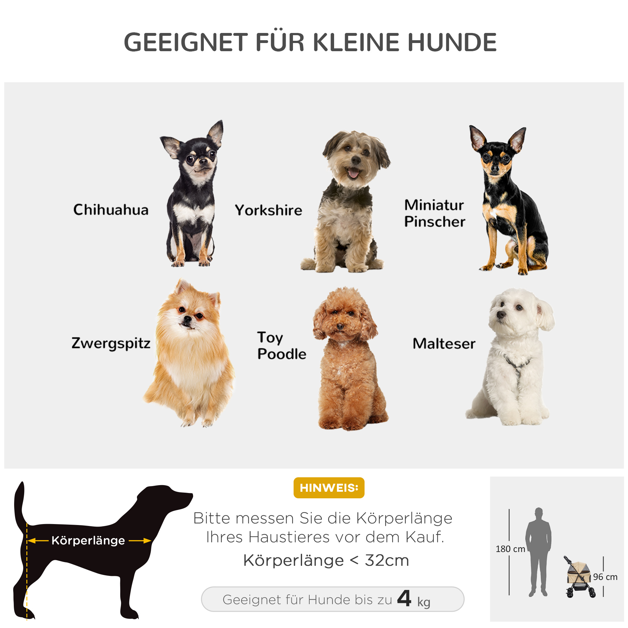 Bild mit sechs Hunderassen mit Textbeschriftungen. Messanleitung für Hundelänge und Gewichtsgrenzen.
