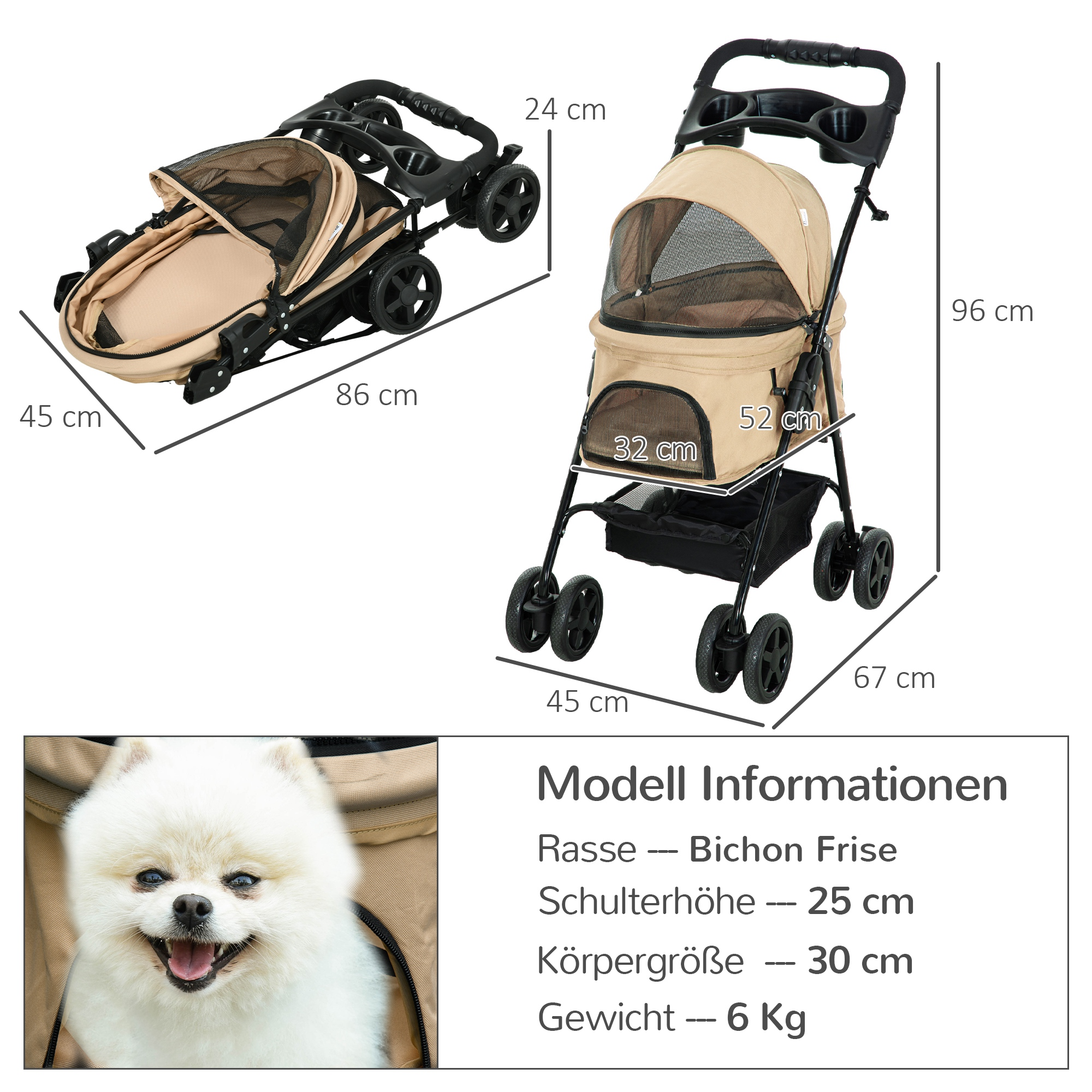 Haustierwagen mit Maßen. Ein Hund ist drin. Abmessungen, Modellinformationen und Hundespezifikationen werden angezeigt.