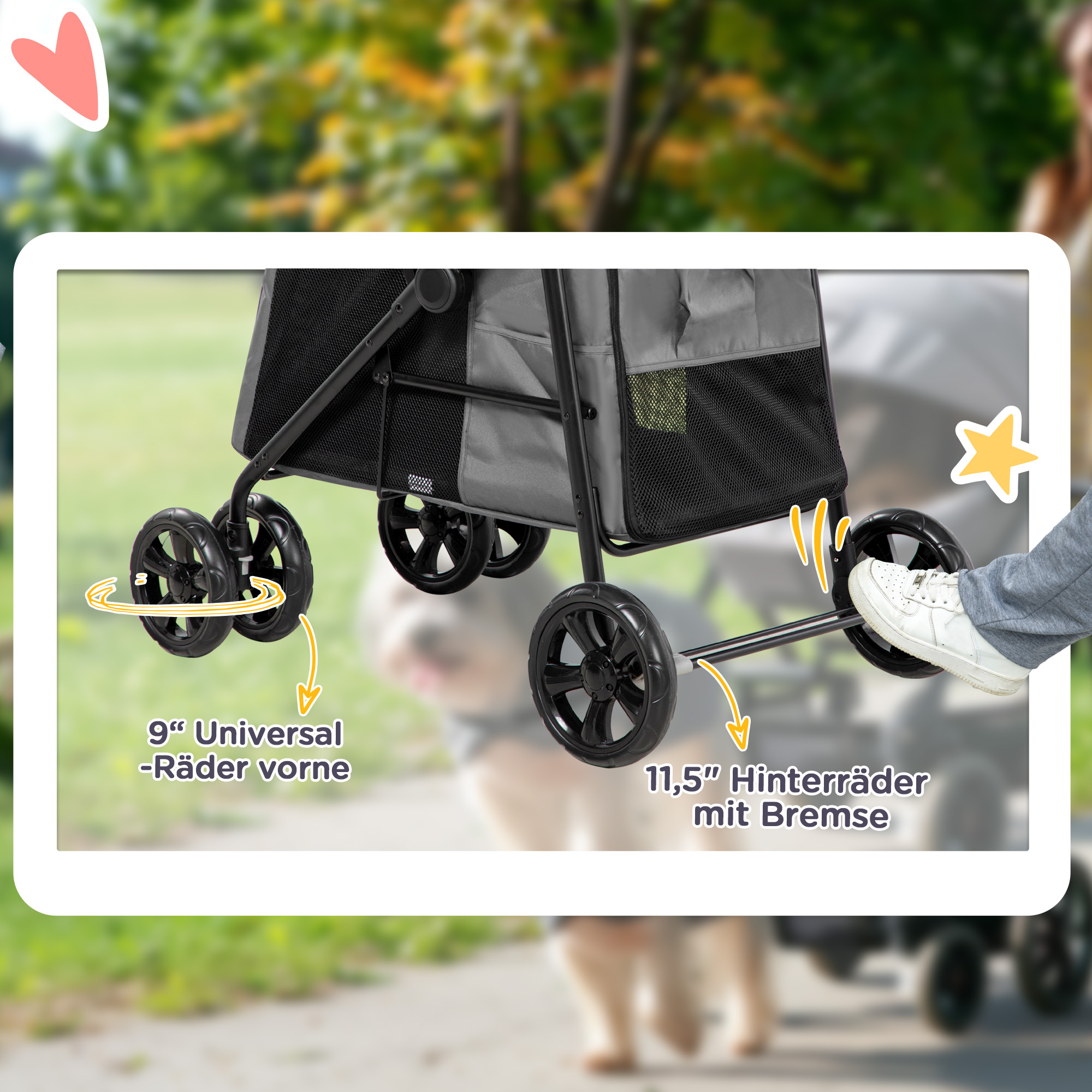 Ein Hunde-Kinderwagen mit Textbeschriftungen auf den Rädern. Der Hund ist im Hintergrund unscharf.