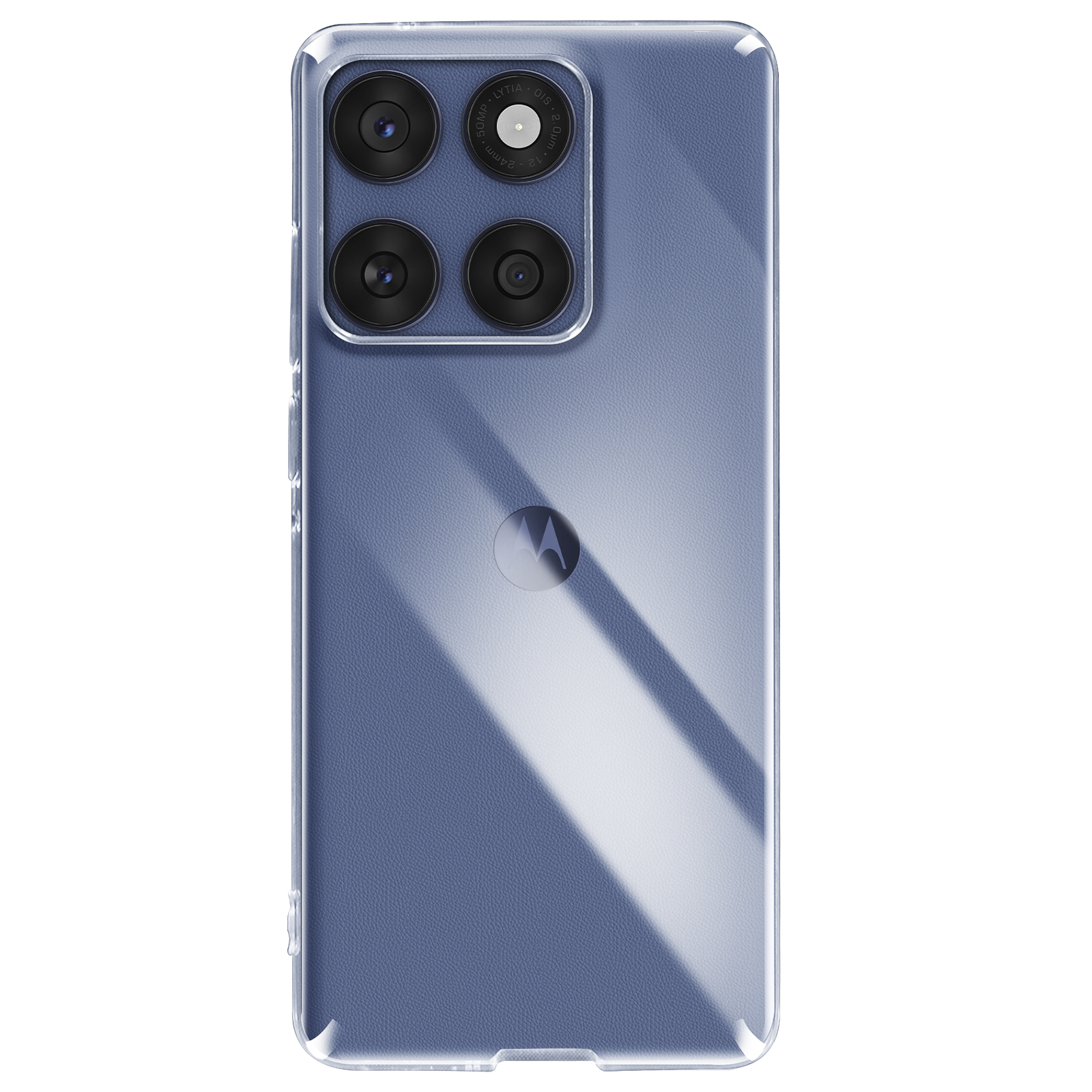Vue arrière d'une coque de téléphone transparente avec triple objectif d'appareil photo et logo Motorola.