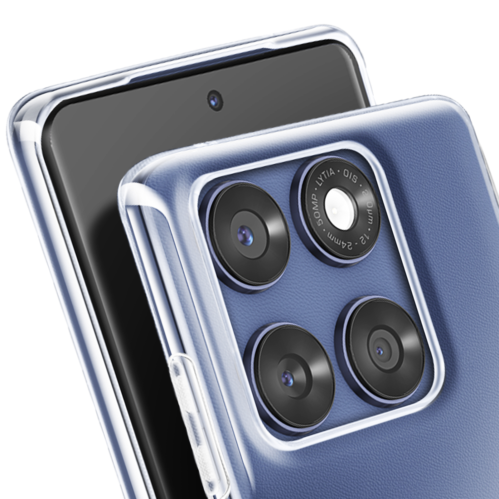 Gros plan d'un téléphone avec une coque transparente. Il a plusieurs caméras.