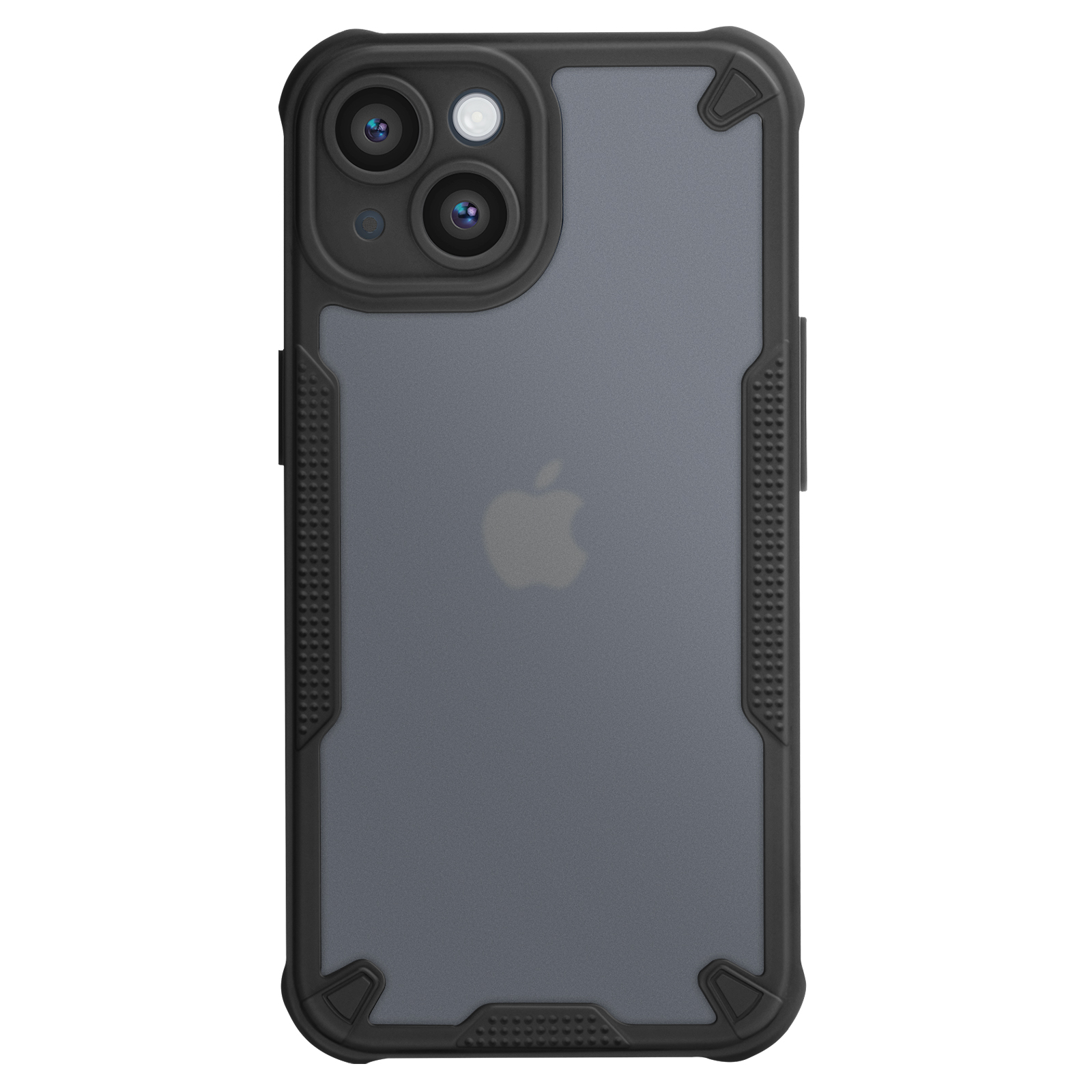 Custodia nera per telefono con retro trasparente, tripla fotocamera e logo Apple visibile.