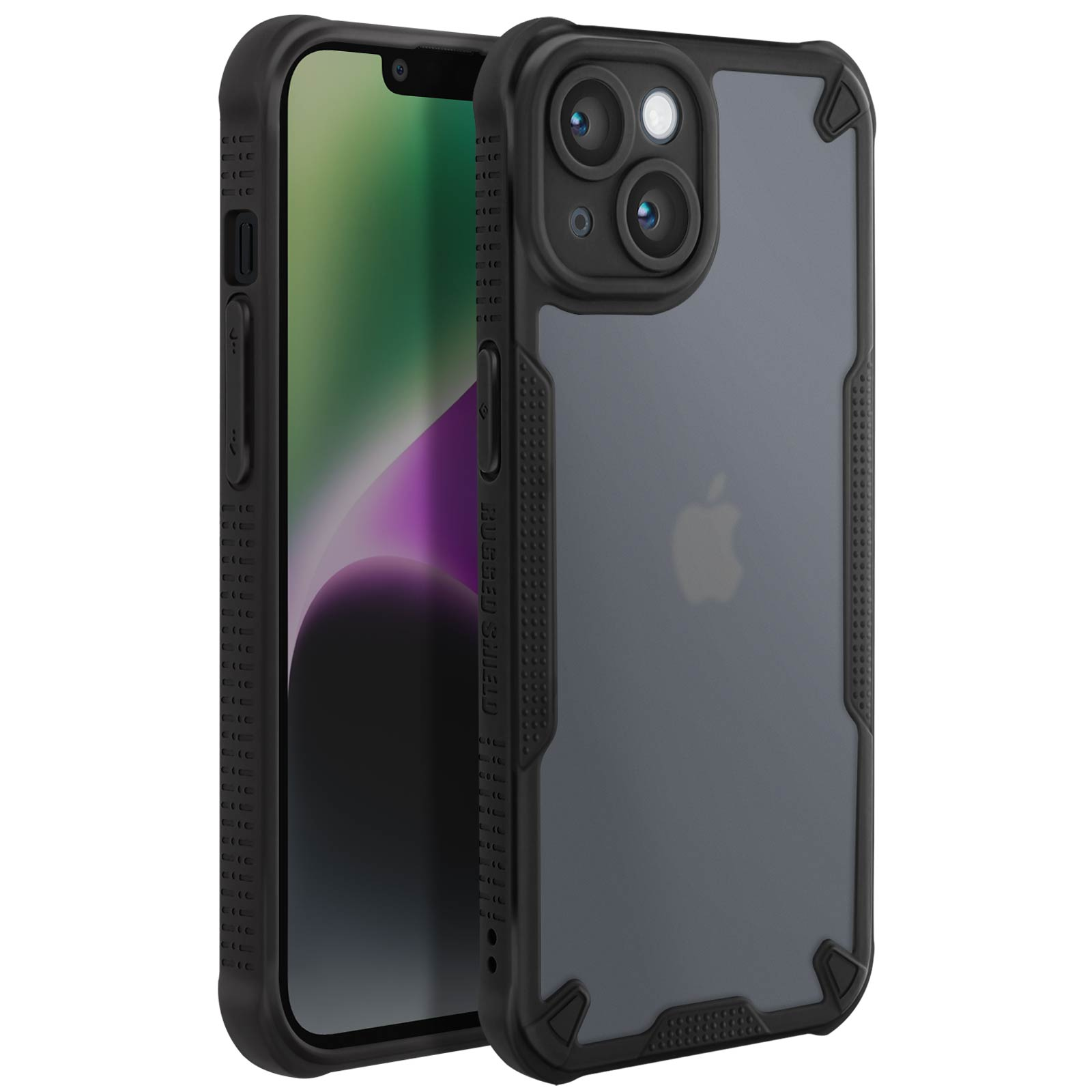 Custodia nera per telefono con retro trasparente e tripla fotocamera. Il logo Apple è visibile.