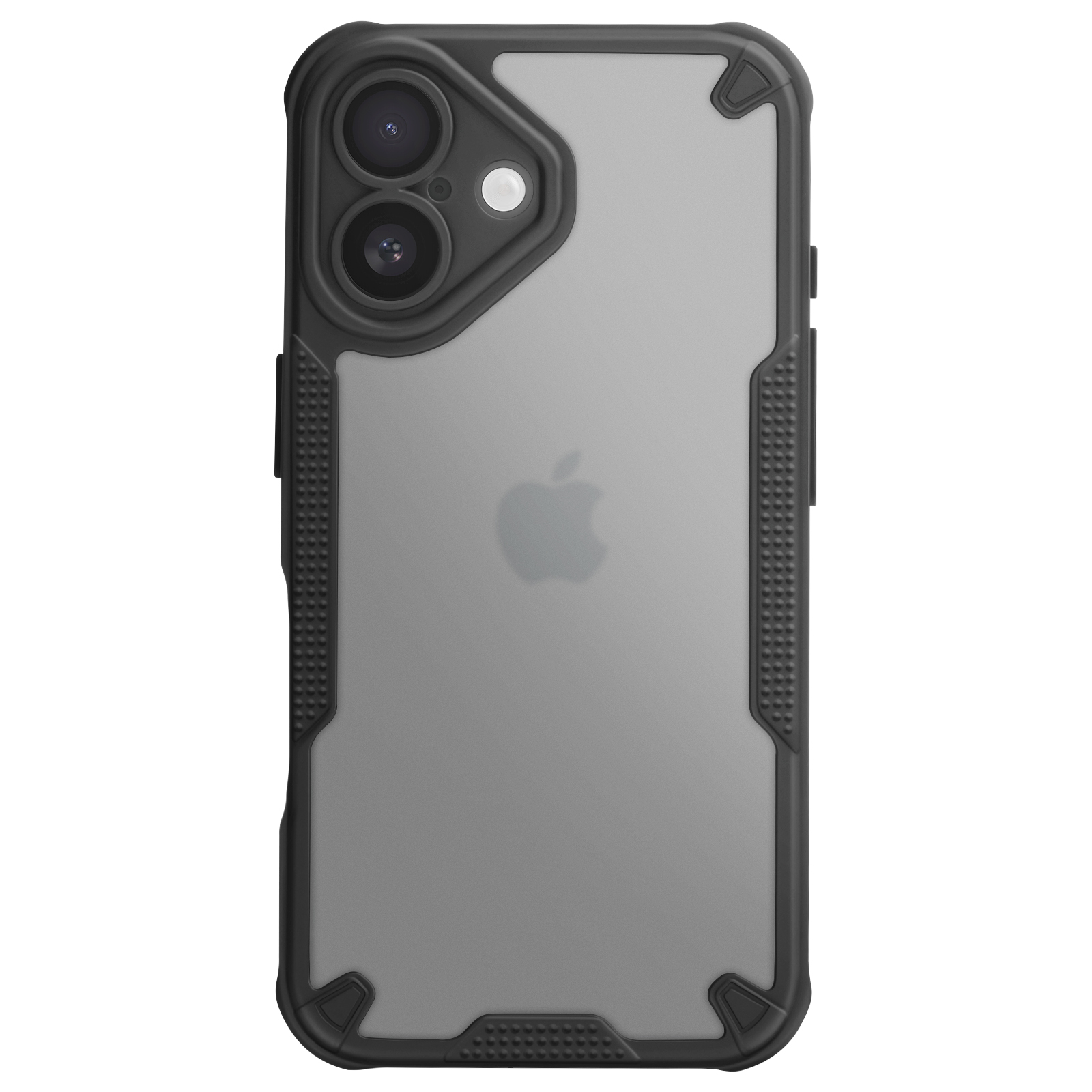Uno smartphone in una custodia nera e robusta con due fotocamere e un retro trasparente.
