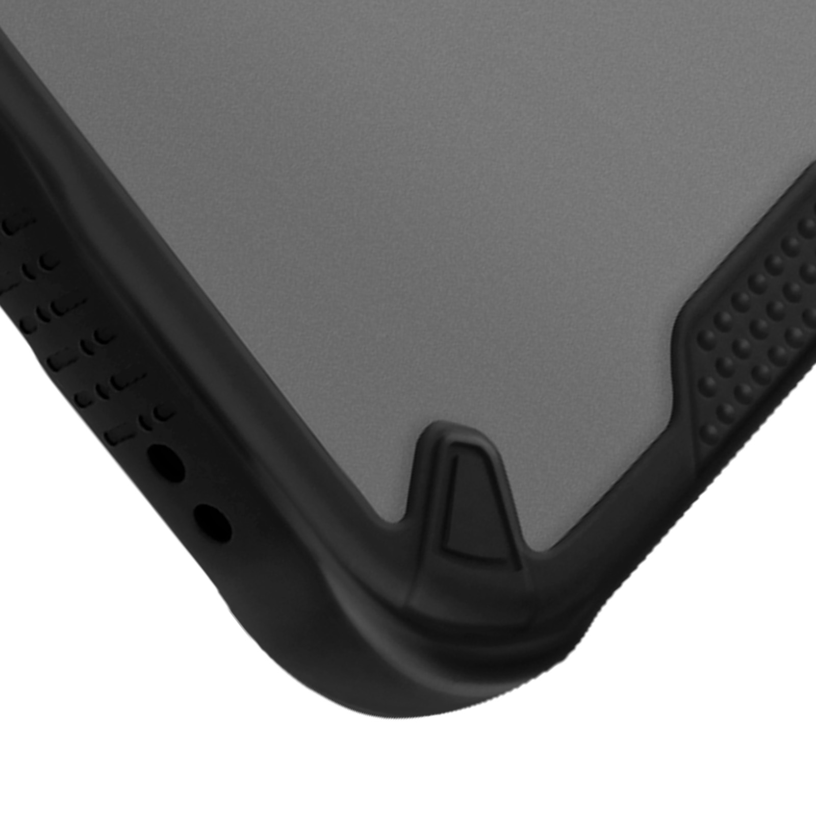 Primo piano dell'angolo di una custodia del telefono. Cornice nera con retro grigio.