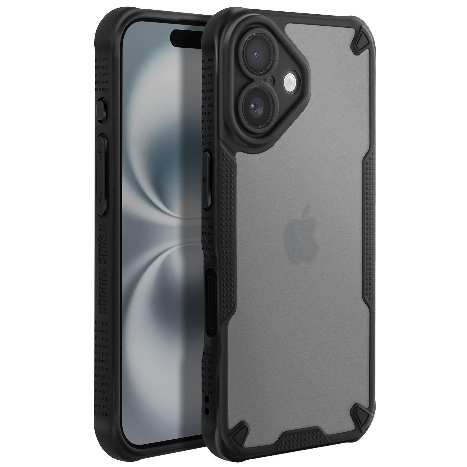Uno smartphone in una custodia nera e robusta con due fotocamere e un retro trasparente.