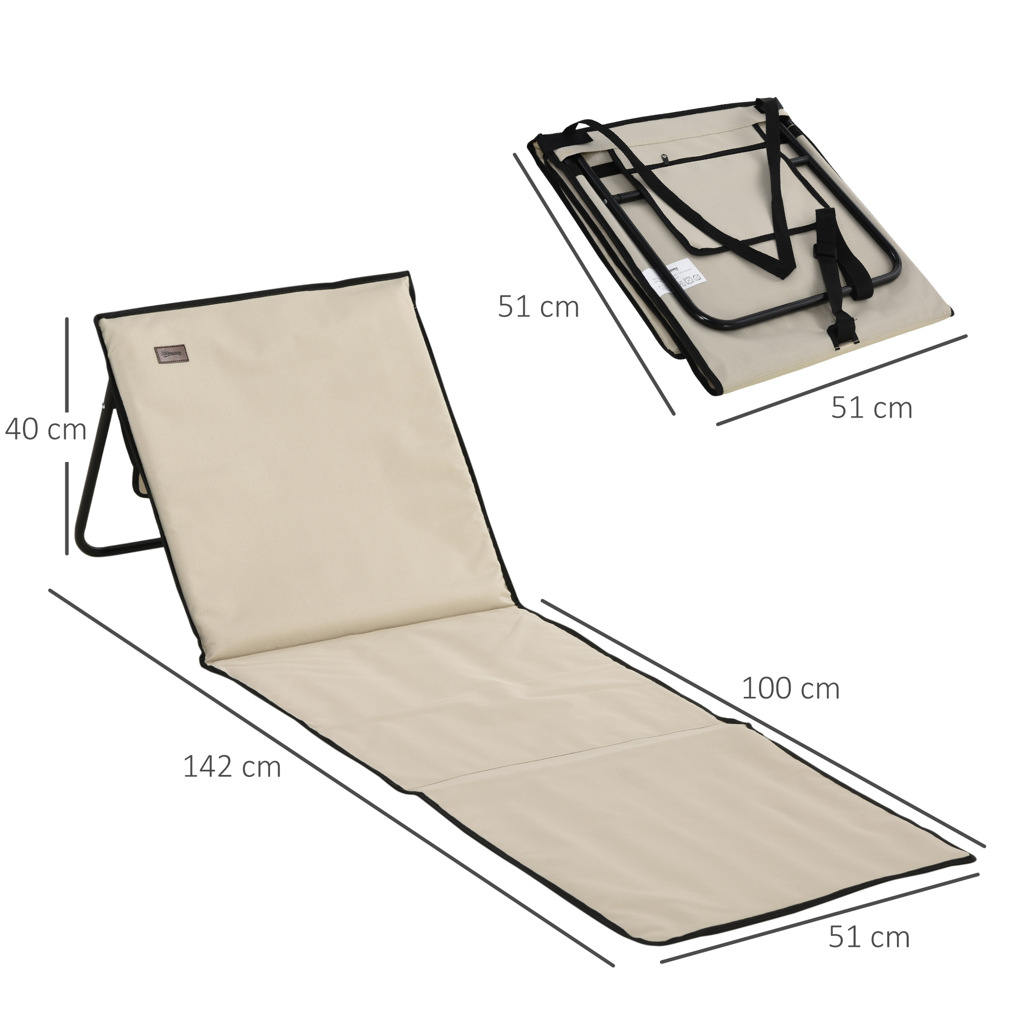 Beiger, zusammenklappbarer Strandstuhl, geöffnet und zusammengeklappt, mit Maßangaben.