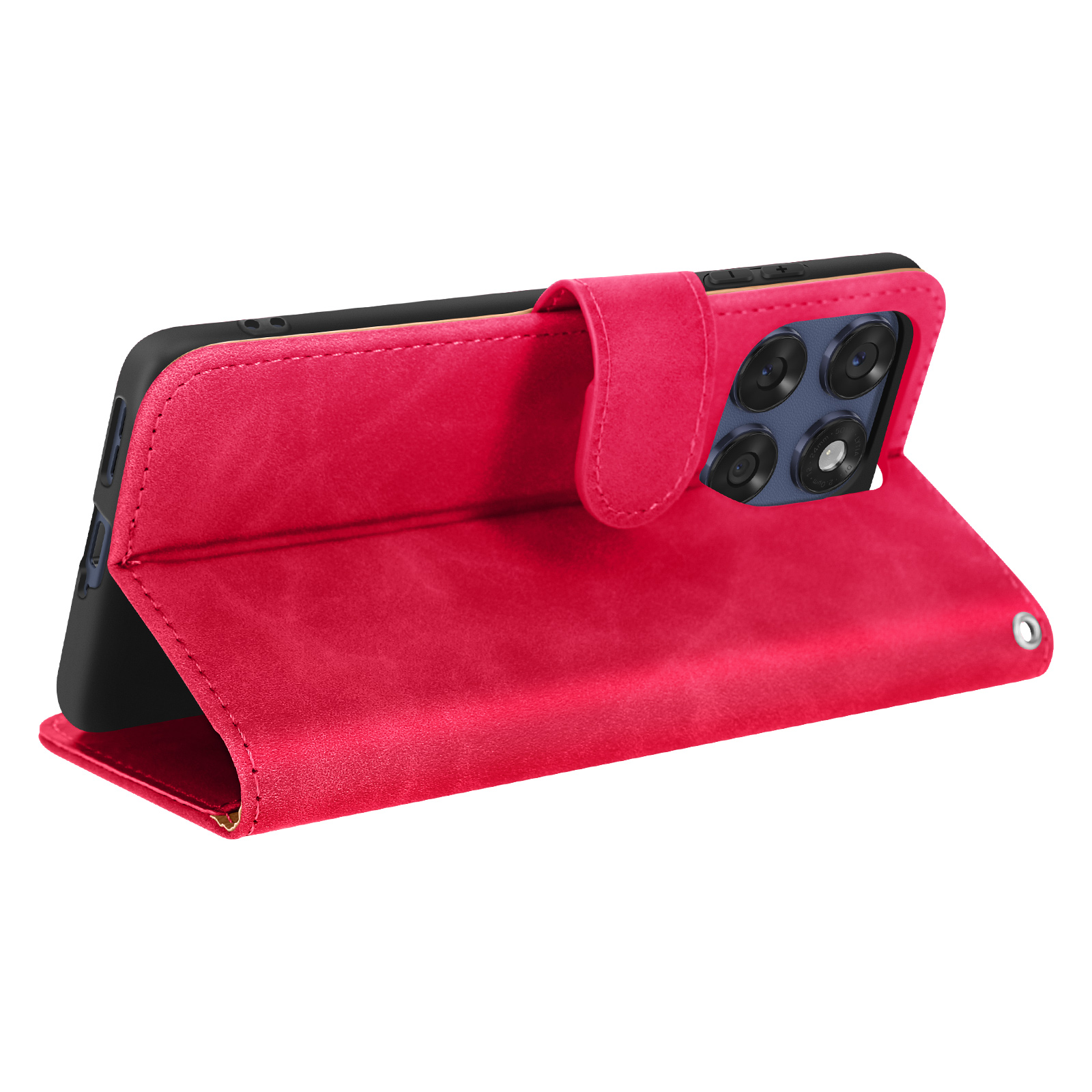 Custodia per telefono in pelle rossa, aperta. Il telefono è visibile, mostrando la fotocamera e lo schermo.
