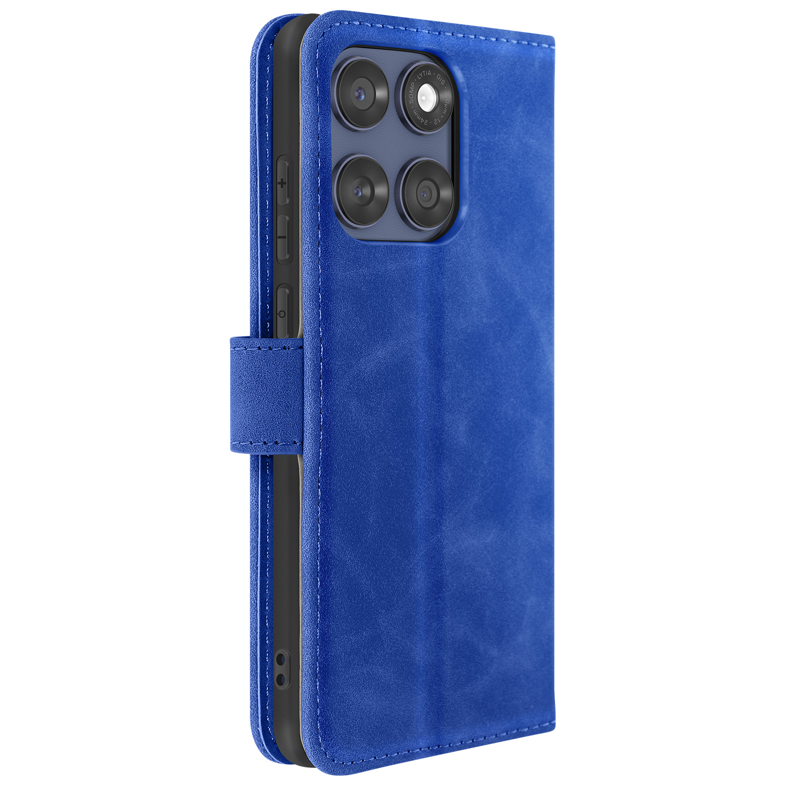 Un étui de téléphone bleu avec plusieurs caméras est ouvert, révélant un téléphone.
