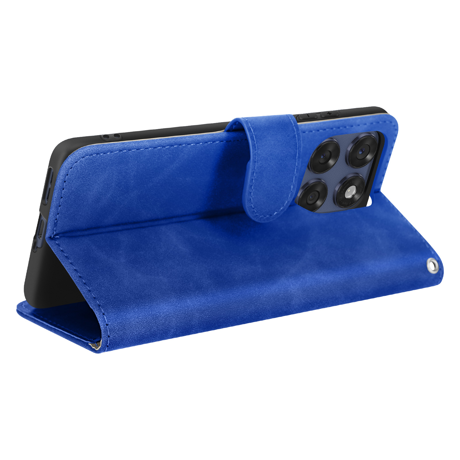 Étui de téléphone en cuir bleu, ouvert. Montre le téléphone avec l'appareil photo visible.