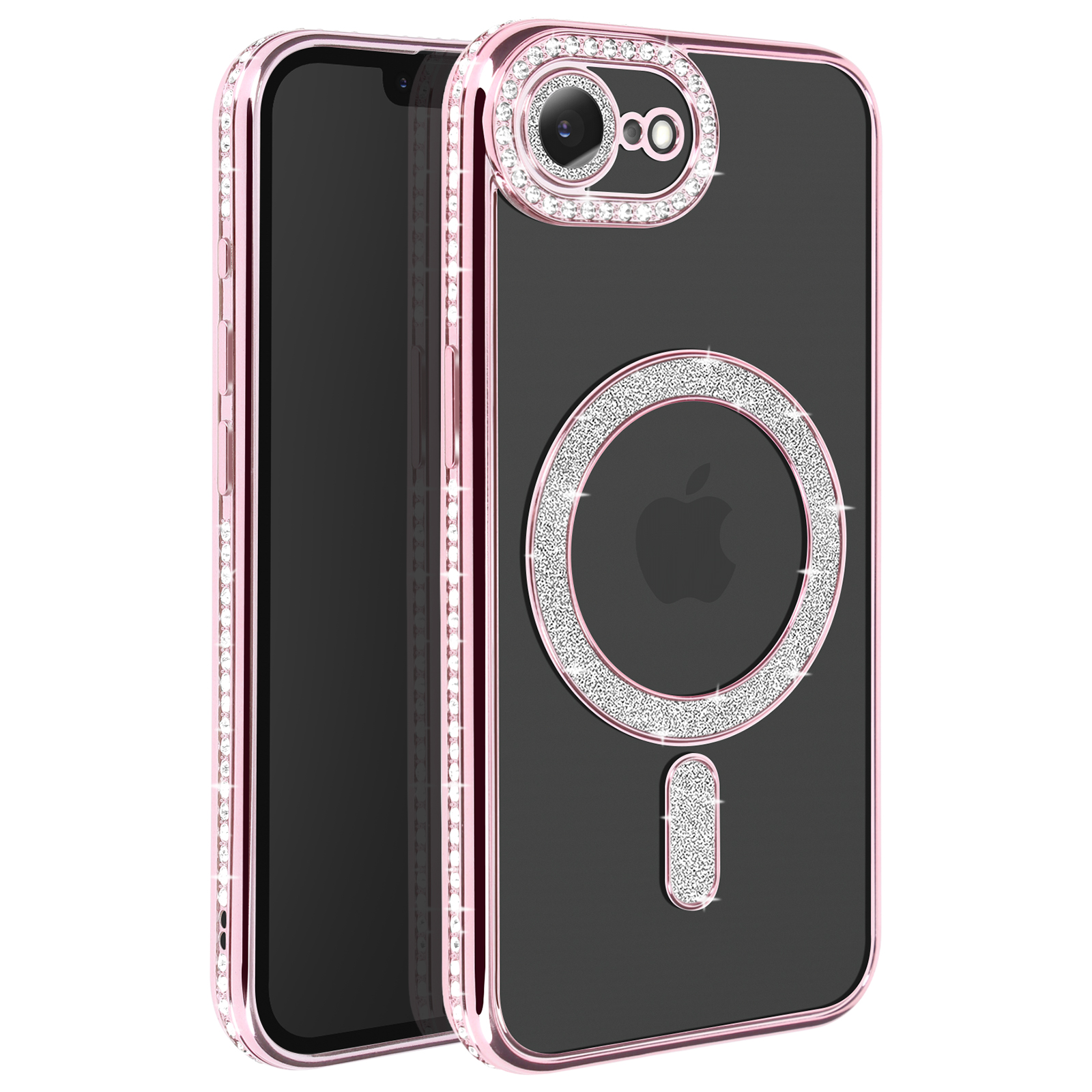 Custodia rosa per telefono, con un anello di cristallo, e il retro del telefono visibile.
