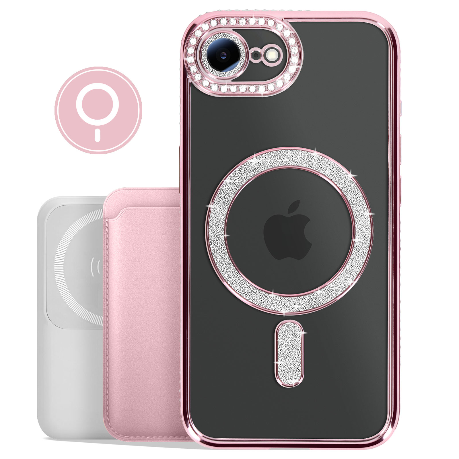 Custodia rosa per telefono con un anello di cristallo e MagSafe. Ha anche un porta carte bianco.