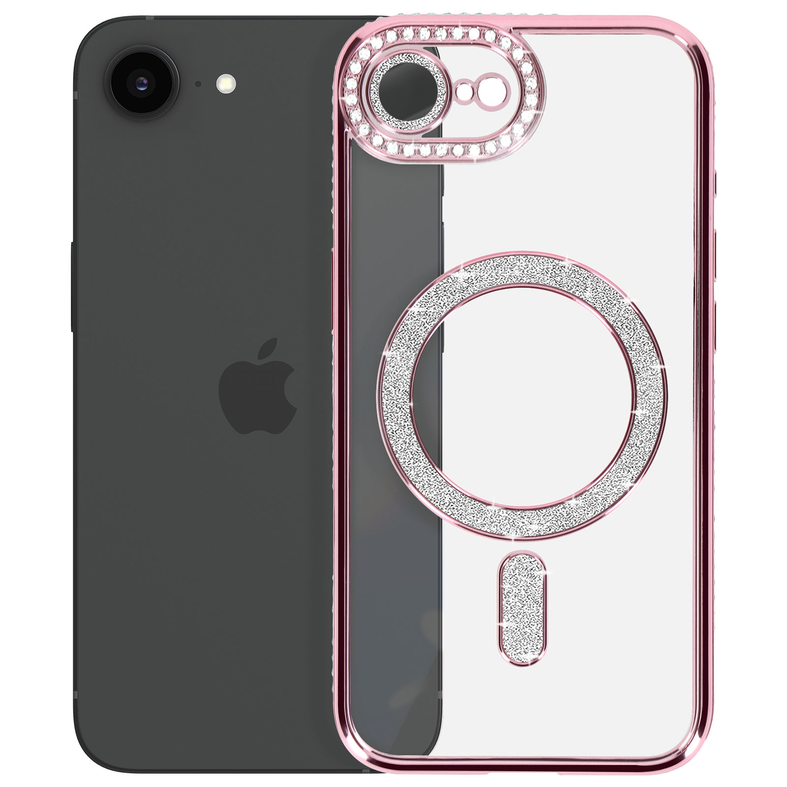 Telefono e custodia, primo piano. Il telefono è nero, la custodia è rosa con un anello di cristallo e magsafe.