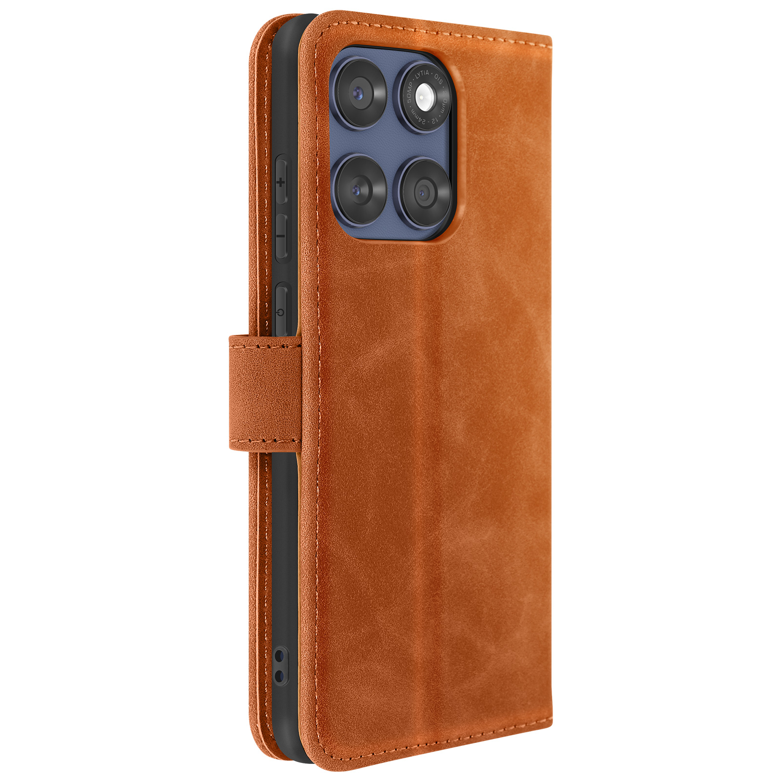 Custodia in pelle marrone aperta. Telefono con fotocamere visibili. Primo piano di telefono, fotocamera e dettagli.