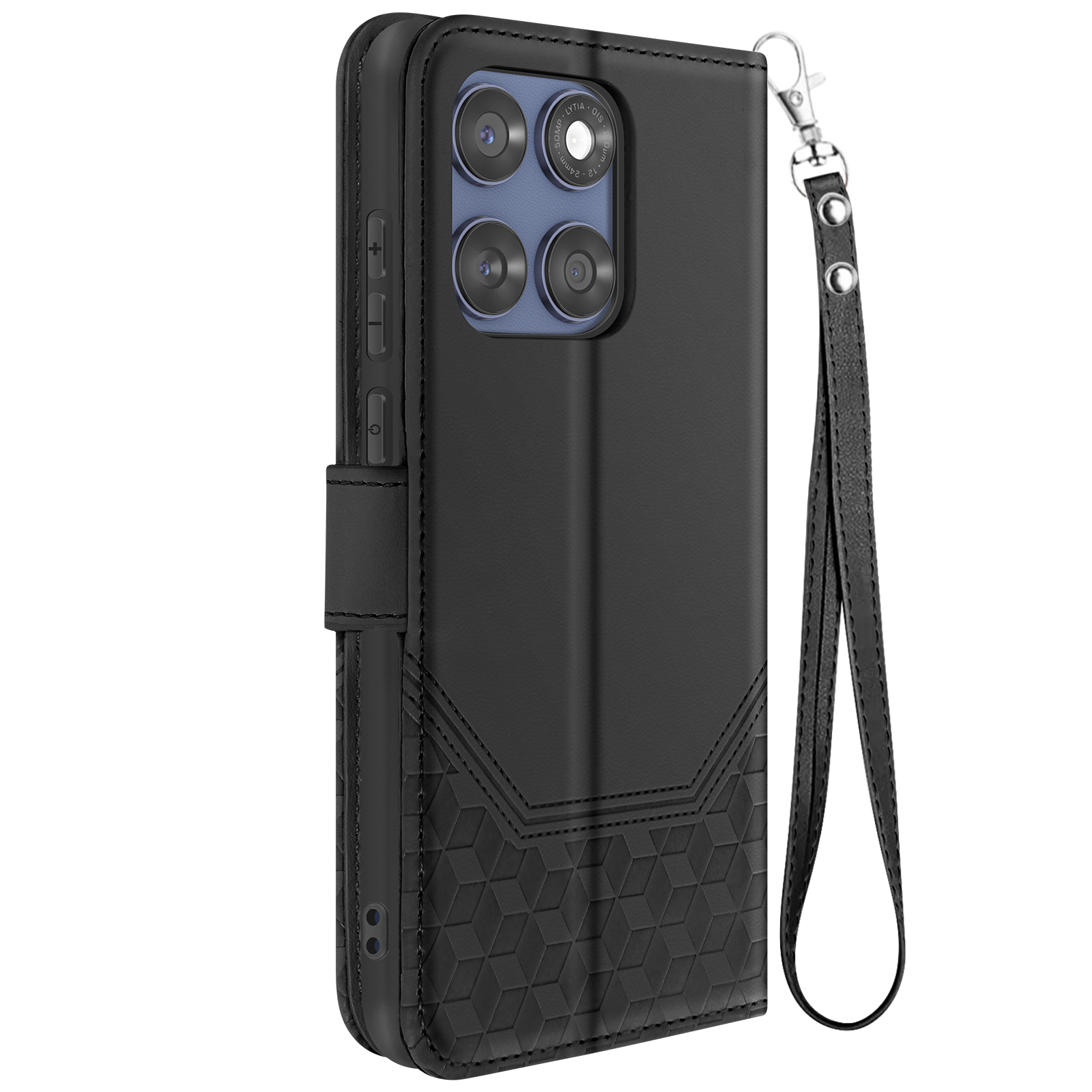 Una custodia per telefono nera con design a portafoglio, che tiene un telefono con fotocamera e flash.