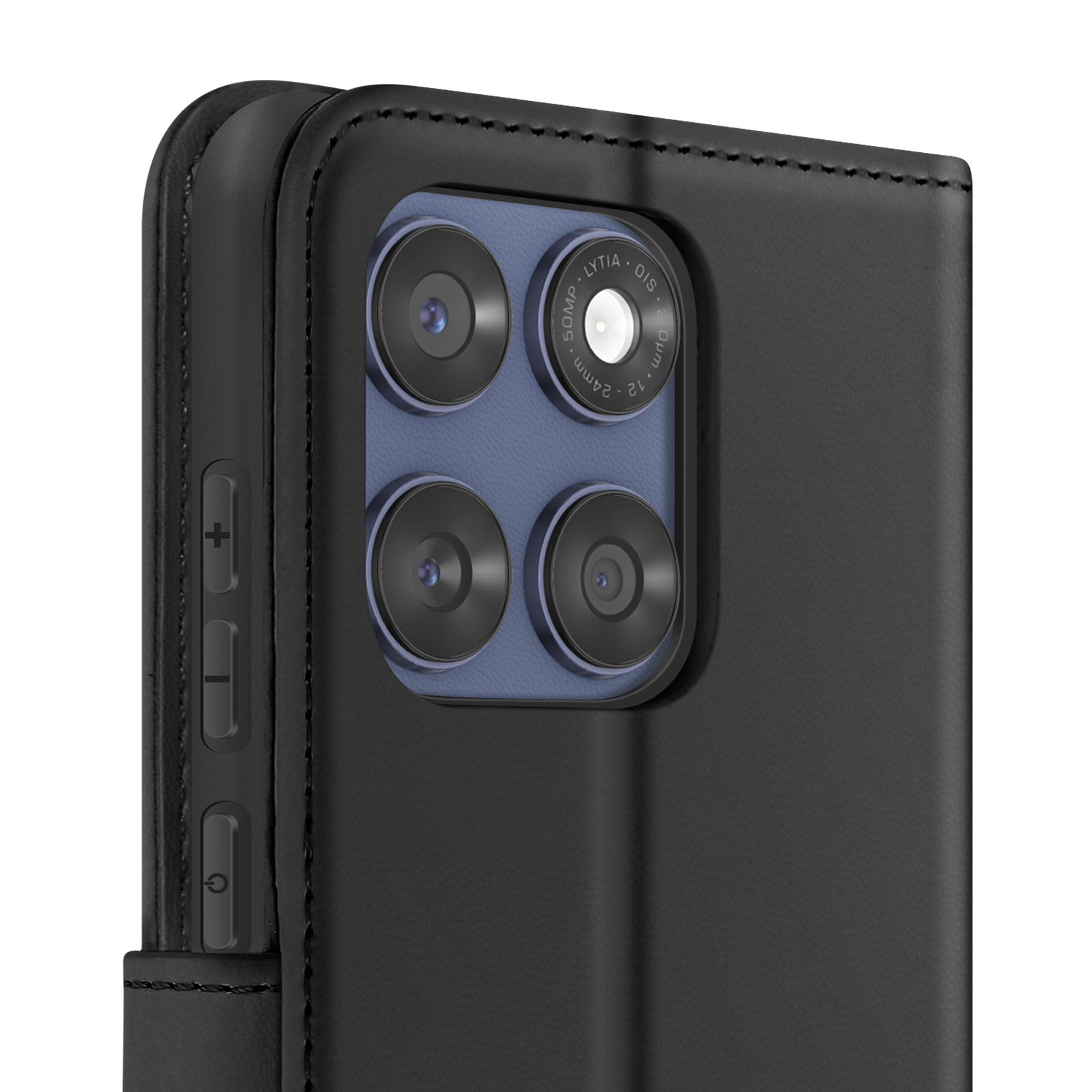 Primo piano di una custodia nera con fotocamera. Il telefono ha quattro obiettivi e la custodia è chiusa.