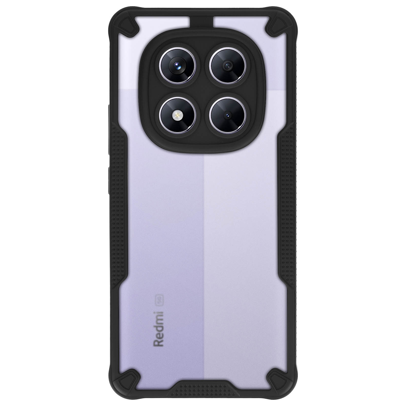 Custodia nera con retro trasparente, che mostra un logo Redmi. Con sporgenza nera per la fotocamera.