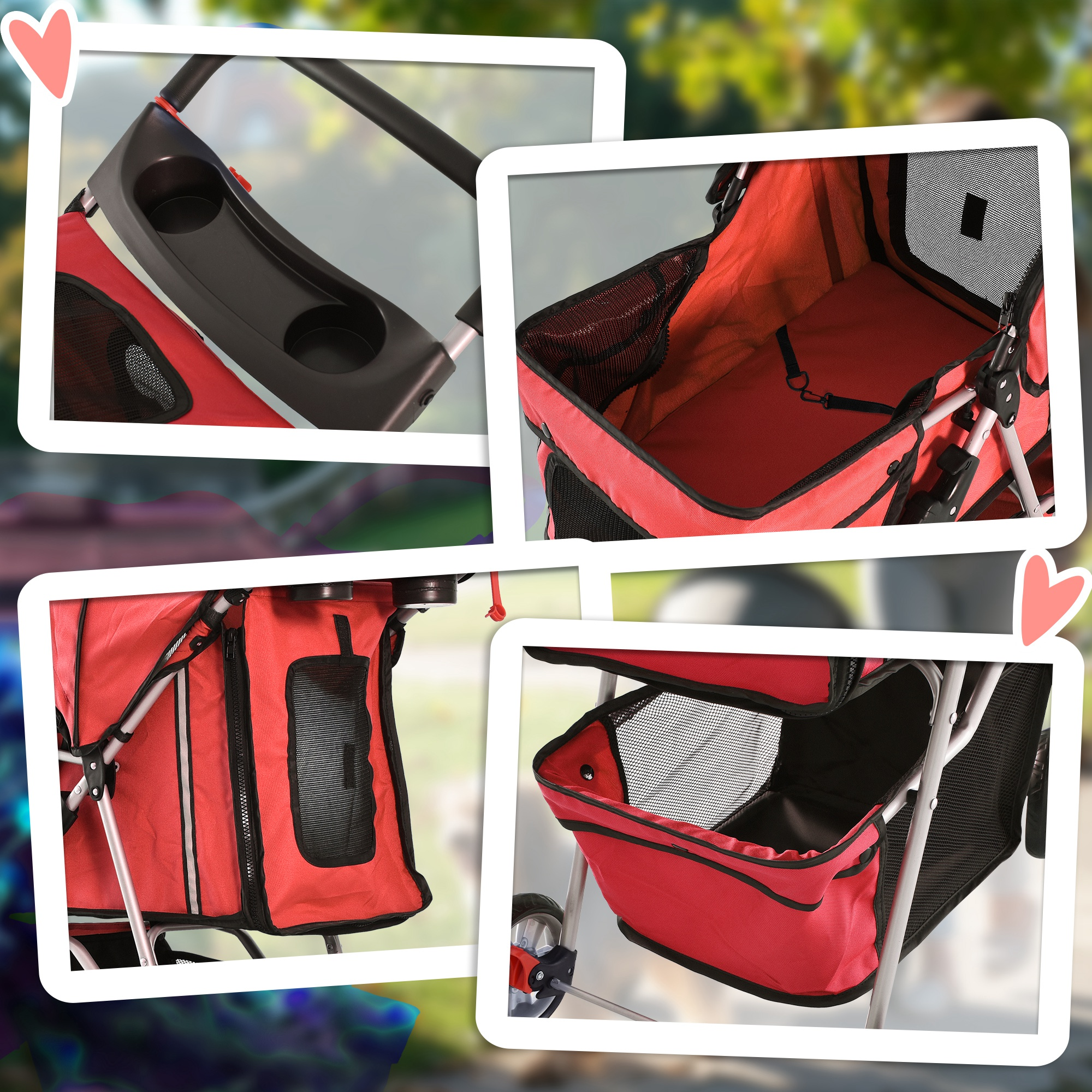 Collage mit einem roten Tierkinderwagen mit Becherhalter, Innenraum, Seitentasche und Stauraum.