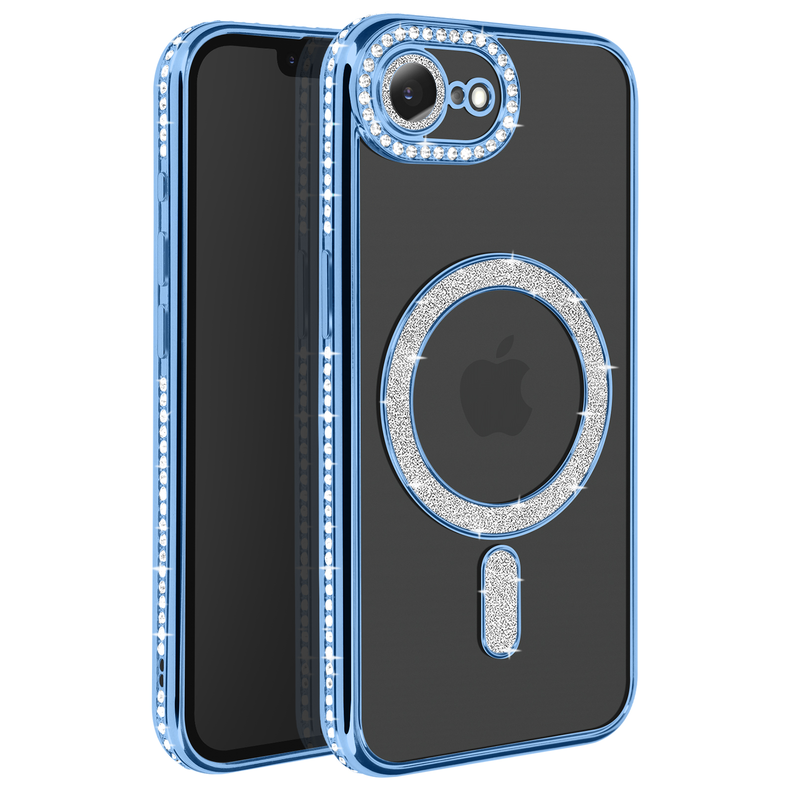 Blauwe telefoonhoes met kristalaccenten, die de zwarte telefoon bedekt. Kristallen details rondom de camera.
