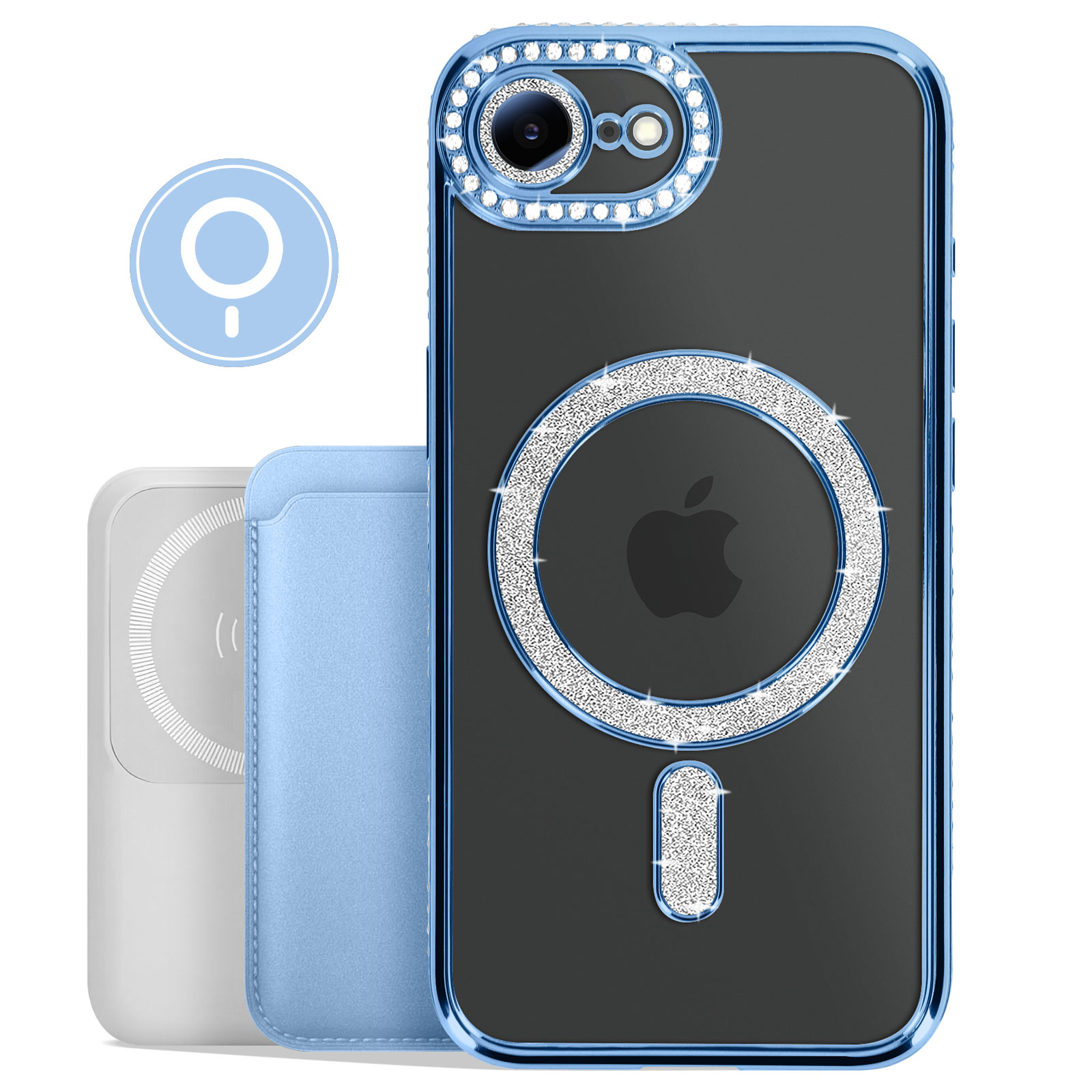 Blauwe telefoonhoes met kristallen, Apple-logo en een wit accessoire, plus een blauwe kaarthouder.