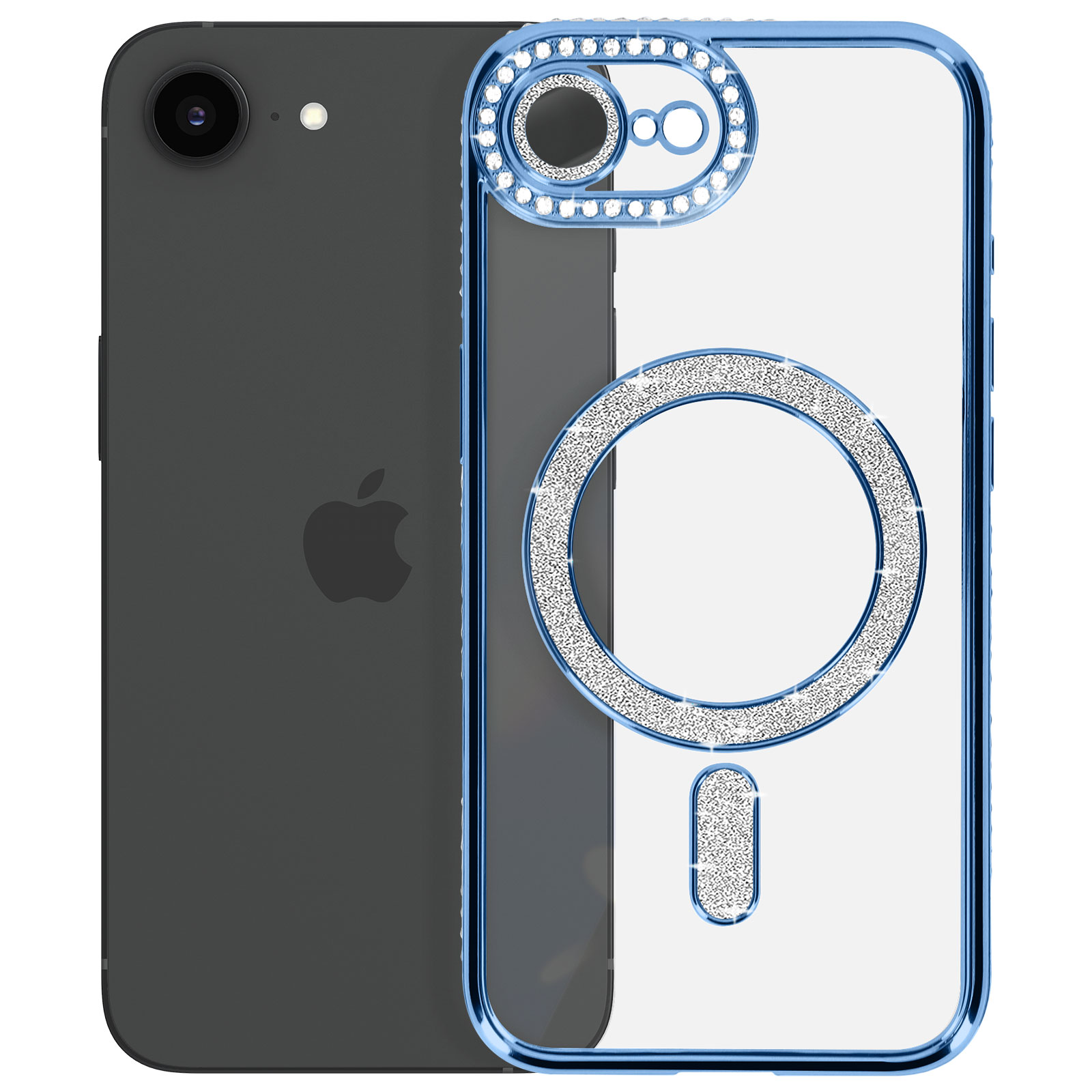 Blauwe telefoonhoes met kristalaccenten, die een zwarte telefoon bedekt. Kristallen details rondom de camera.
