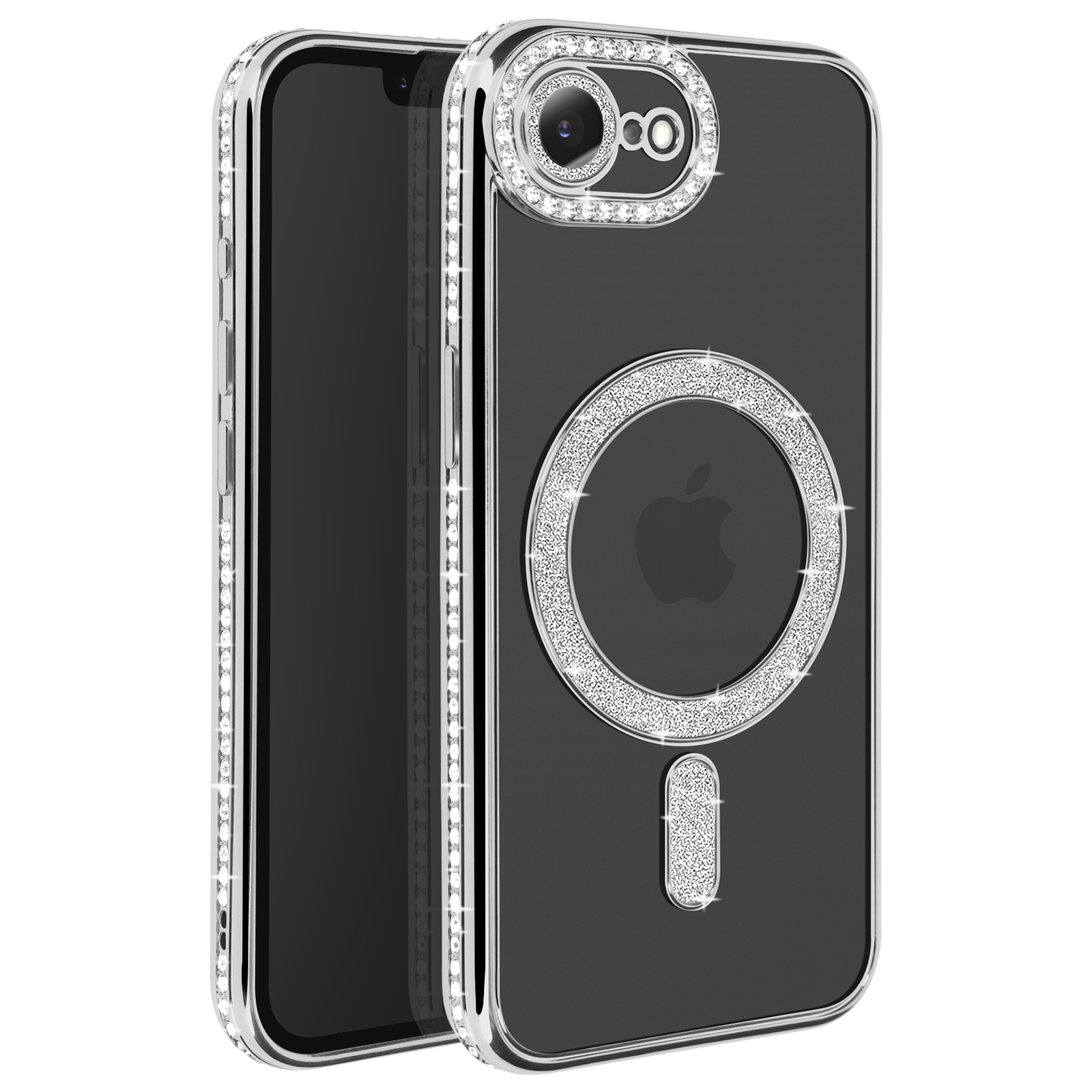 Telefoonhoes met kristalaccenten, die de zwarte telefoon bedekt. Kristallen details rondom de camera.
