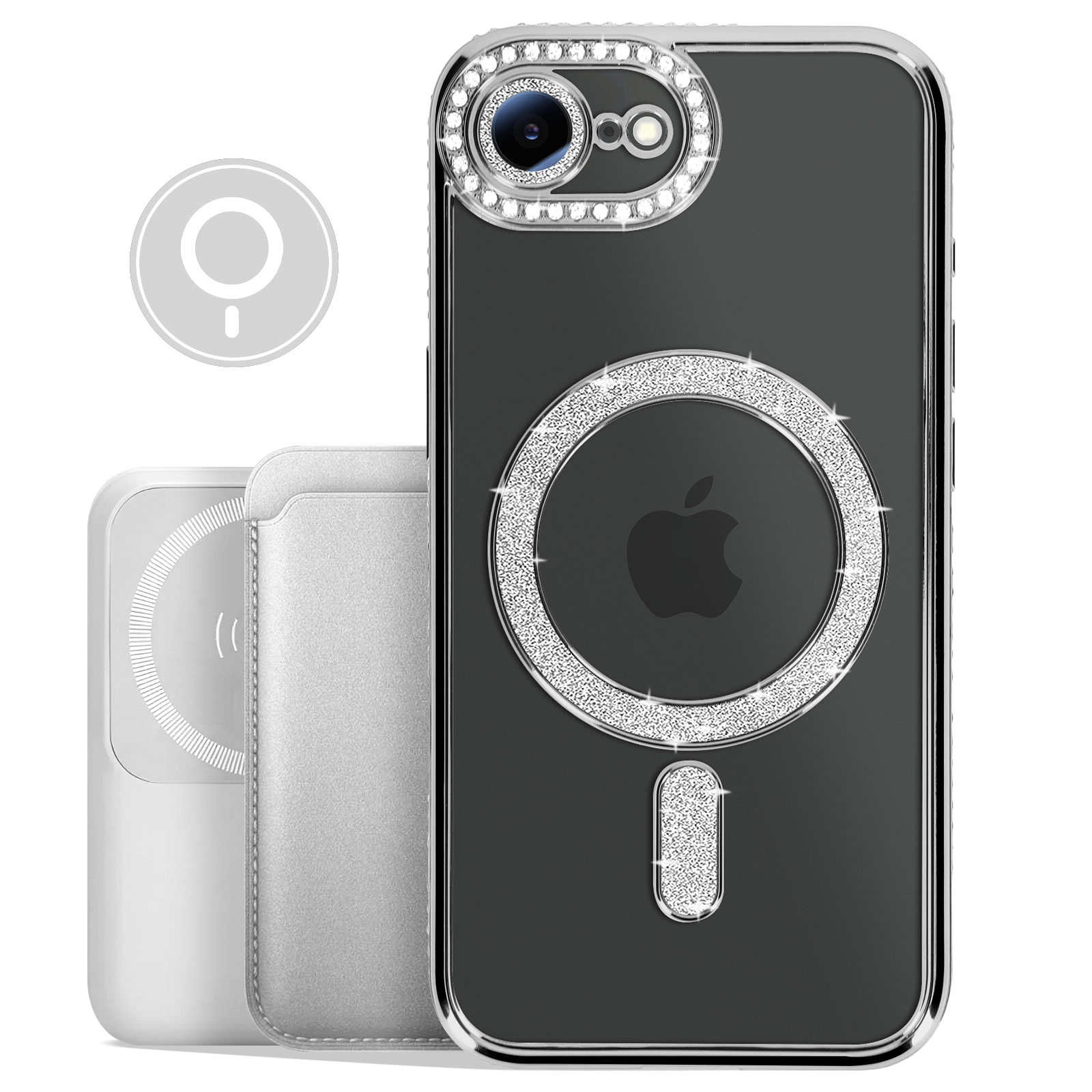 Zilveren telefoonhoes met kristallen, Apple-logo en een wit accessoire, plus een zilveren kaarthouder.