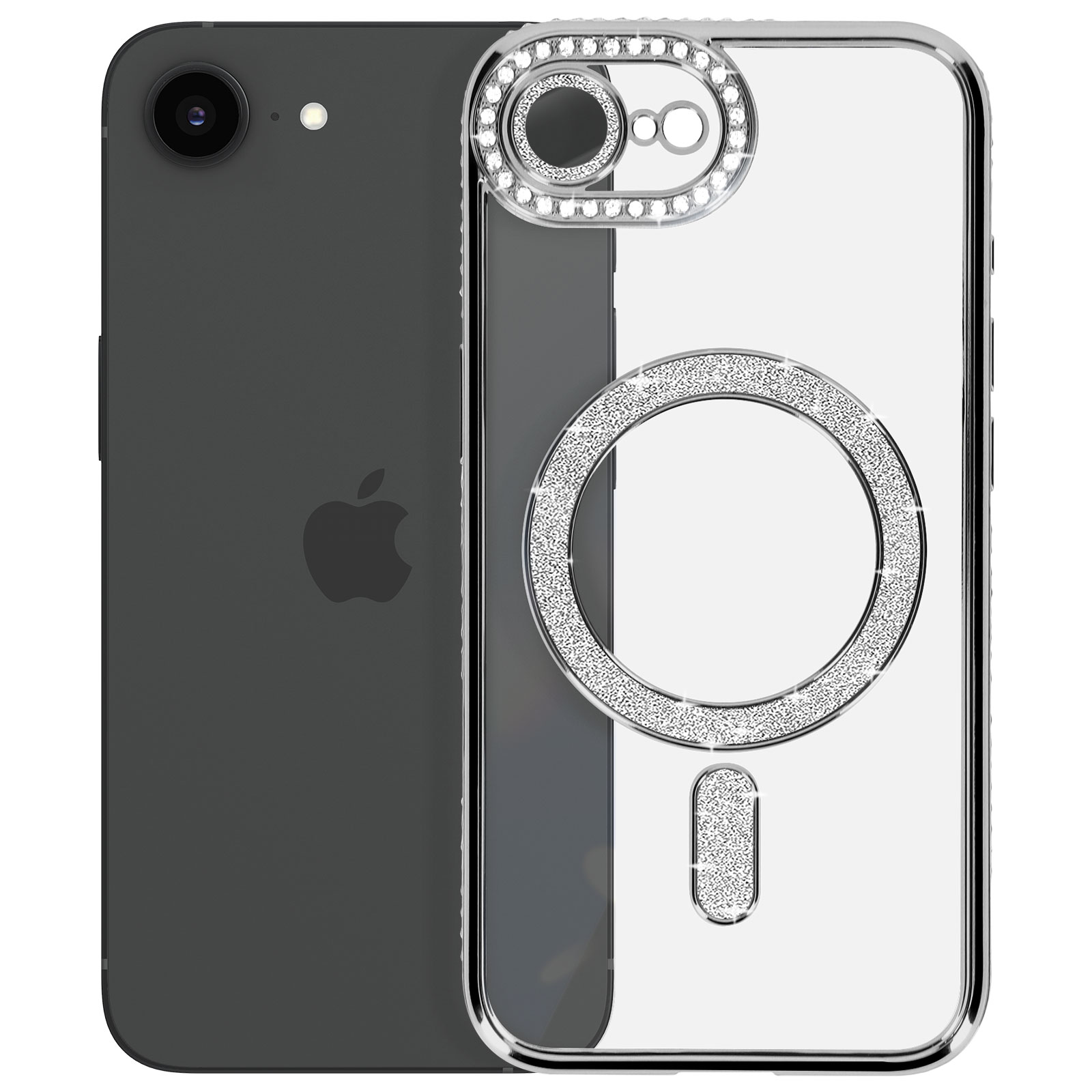 Zilveren telefoonhoes met kristalaccenten, die een zwarte telefoon bedekt. Kristallen details rondom de camera.