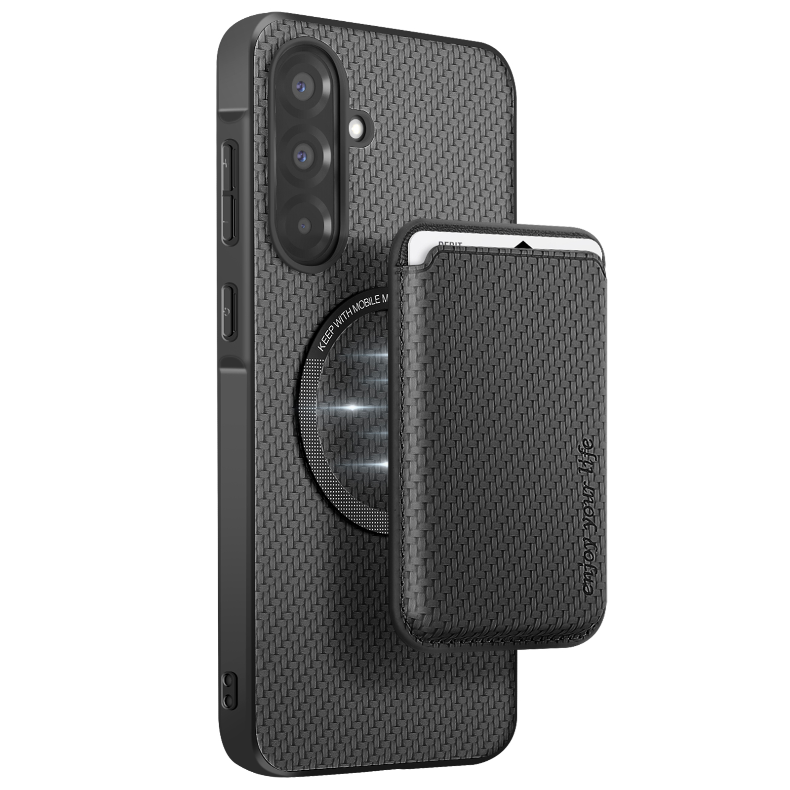 Telefono nero con custodia a trama intrecciata e un porta carte magnetico attaccato.