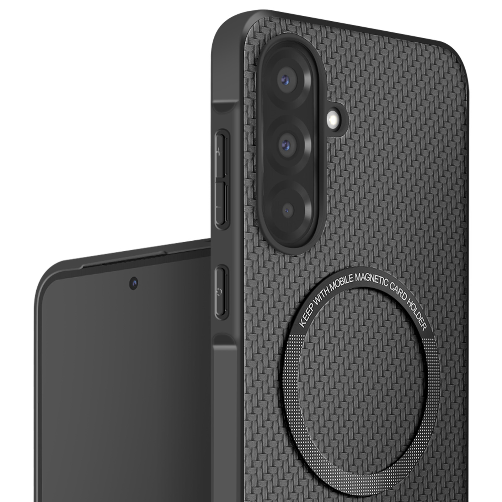 Telefono nero con custodia a trama intrecciata e anello magnetico per porta carte.