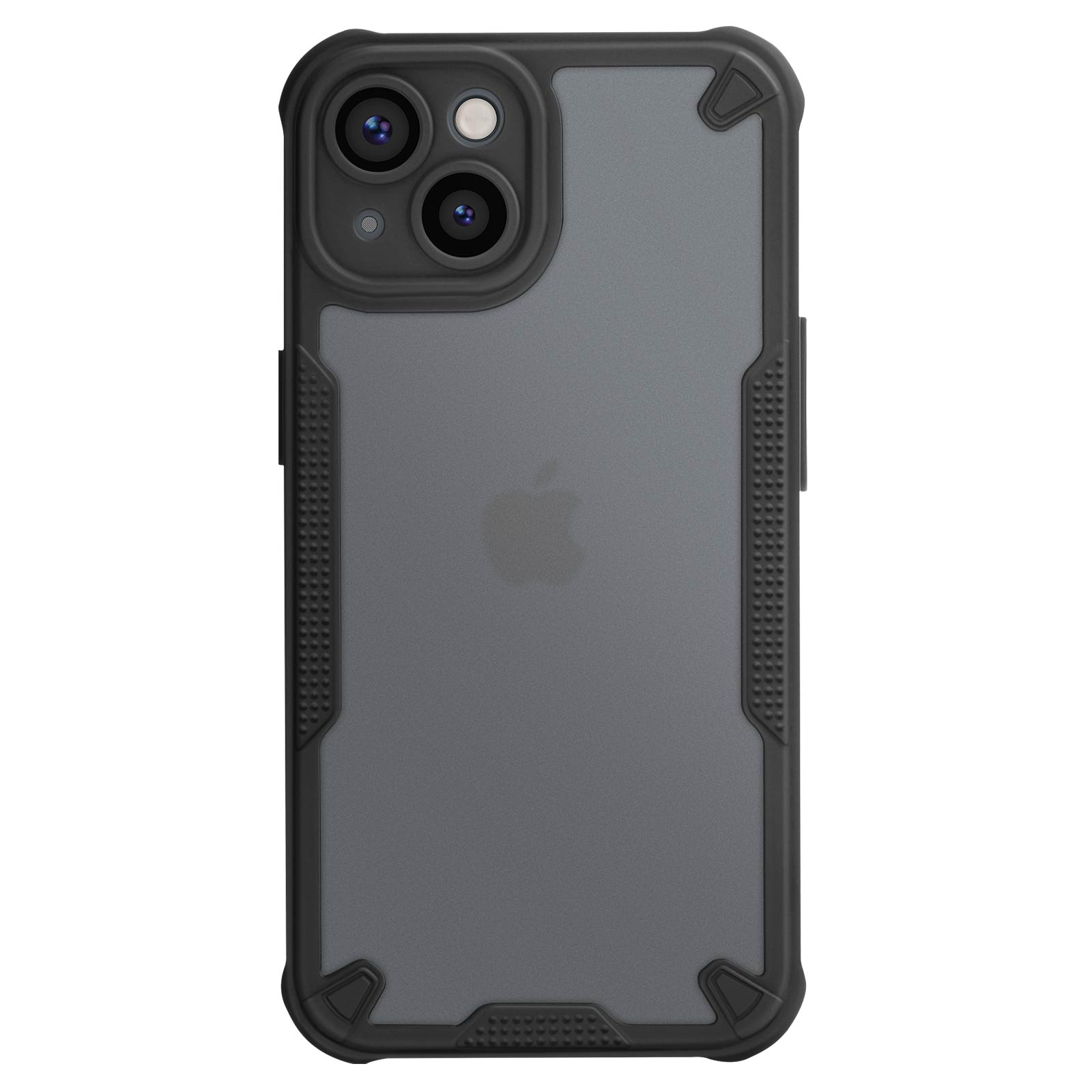 Custodia nera per telefono con retro grigio, protuberanze nere della fotocamera e logo Apple.