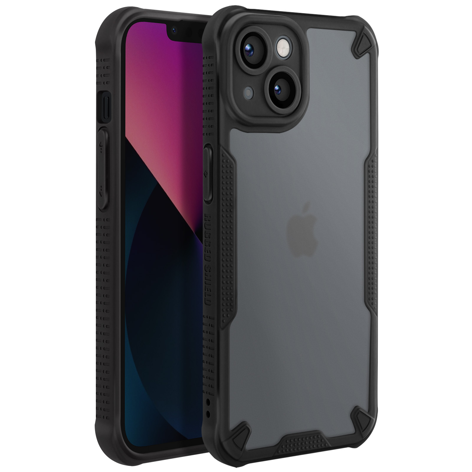Una custodia per telefono nera con un design robusto, che protegge un telefono con doppia fotocamera.