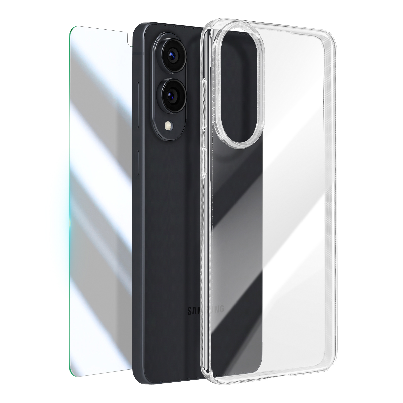 Ein Smartphone mit Displayschutz und einer transparenten Hülle. Es hat eine schwarze Rückseite und zwei Kameras.