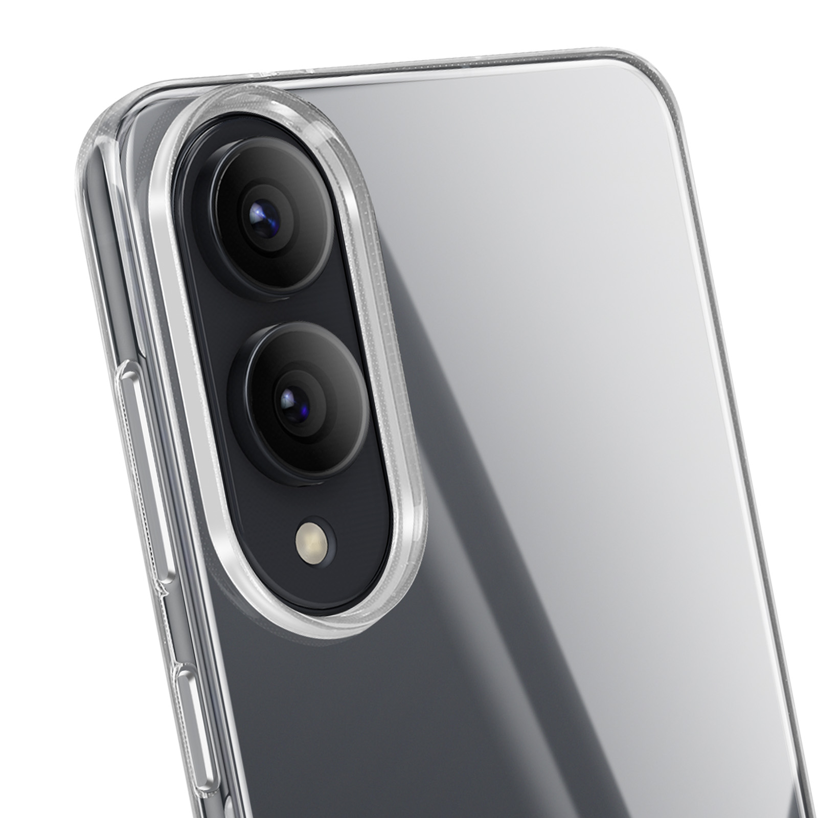 Nahaufnahme des Kameramoduls eines Smartphones. Klare Hülle, zwei Objektive und ein kleiner Sensor.