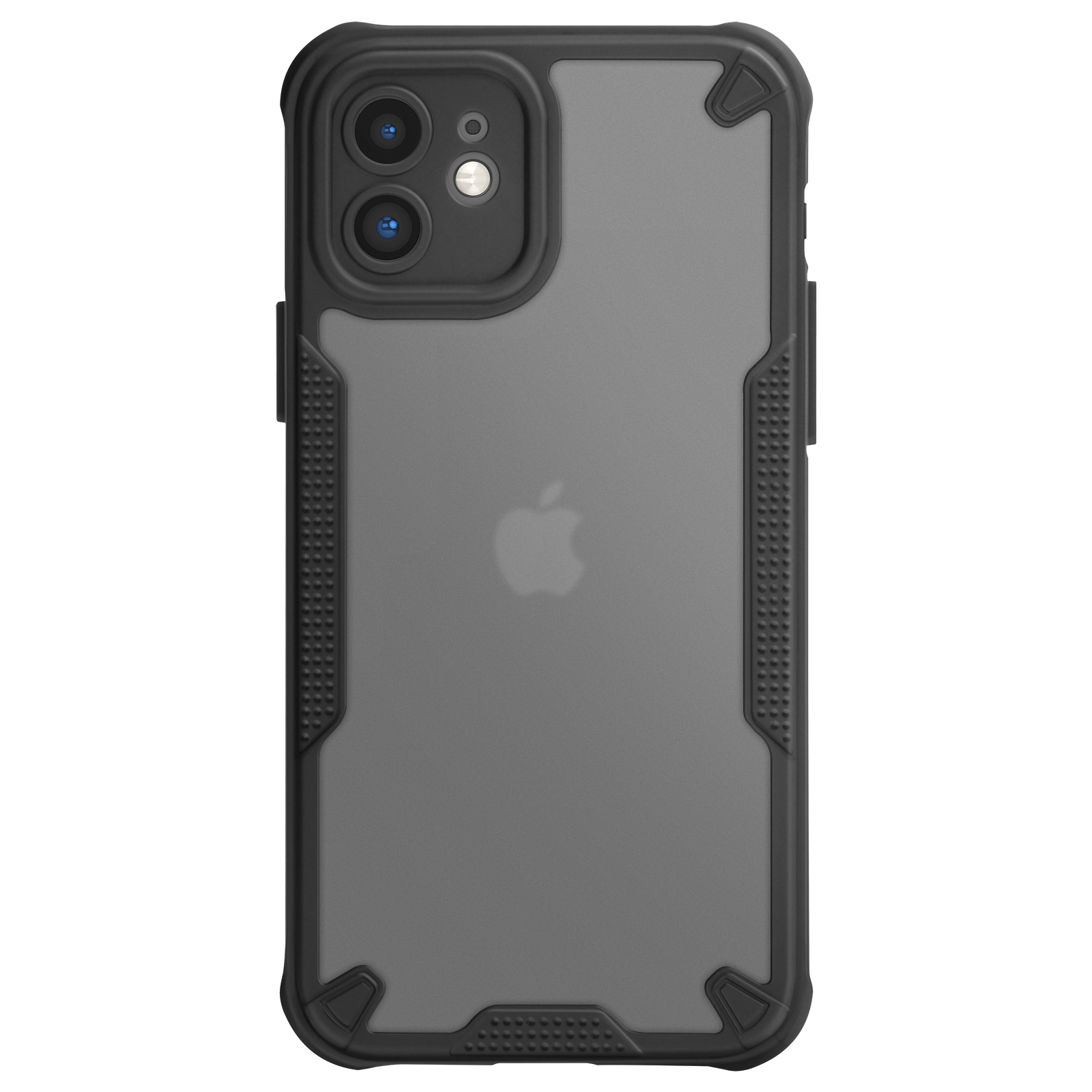 Custodia nera per iPhone, che mostra il retro con il logo Apple e la fotocamera.